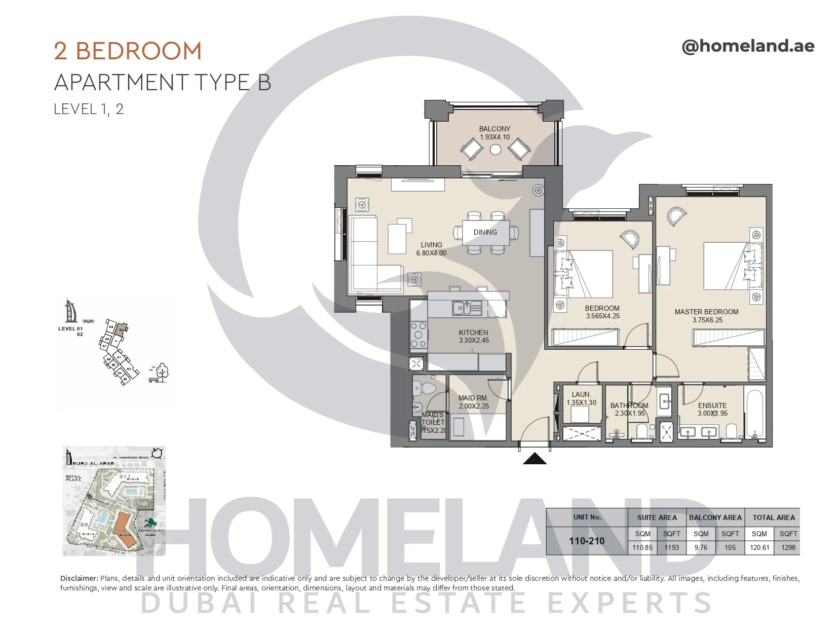 Jabeel, 2BR, Type B, Level 1 & 2, Unit 110-210, 1298 SQFT