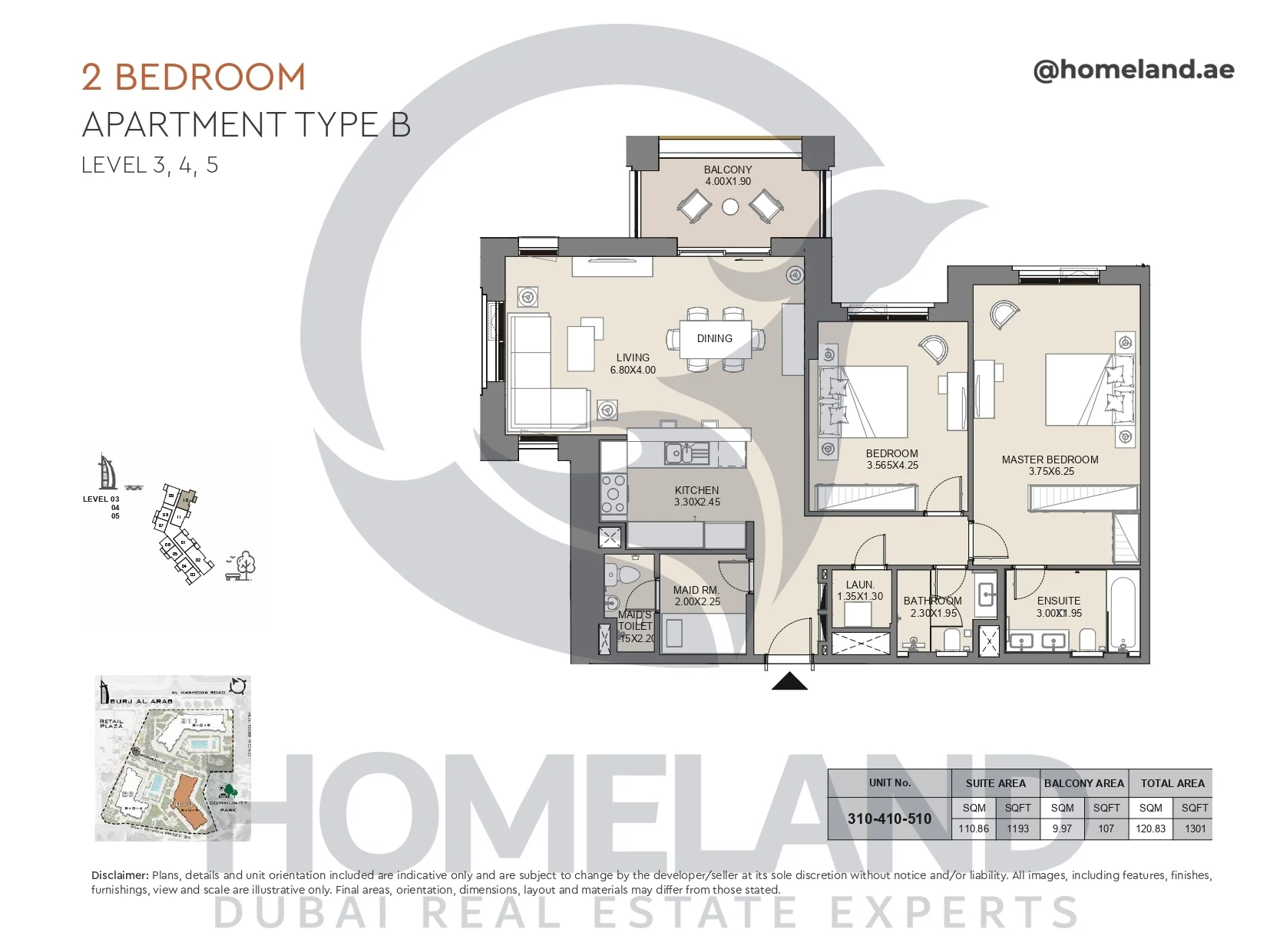Jabeel, 2BR, Type B, Level 3 to 5, Unit 310-410-510, 1301 SQFT