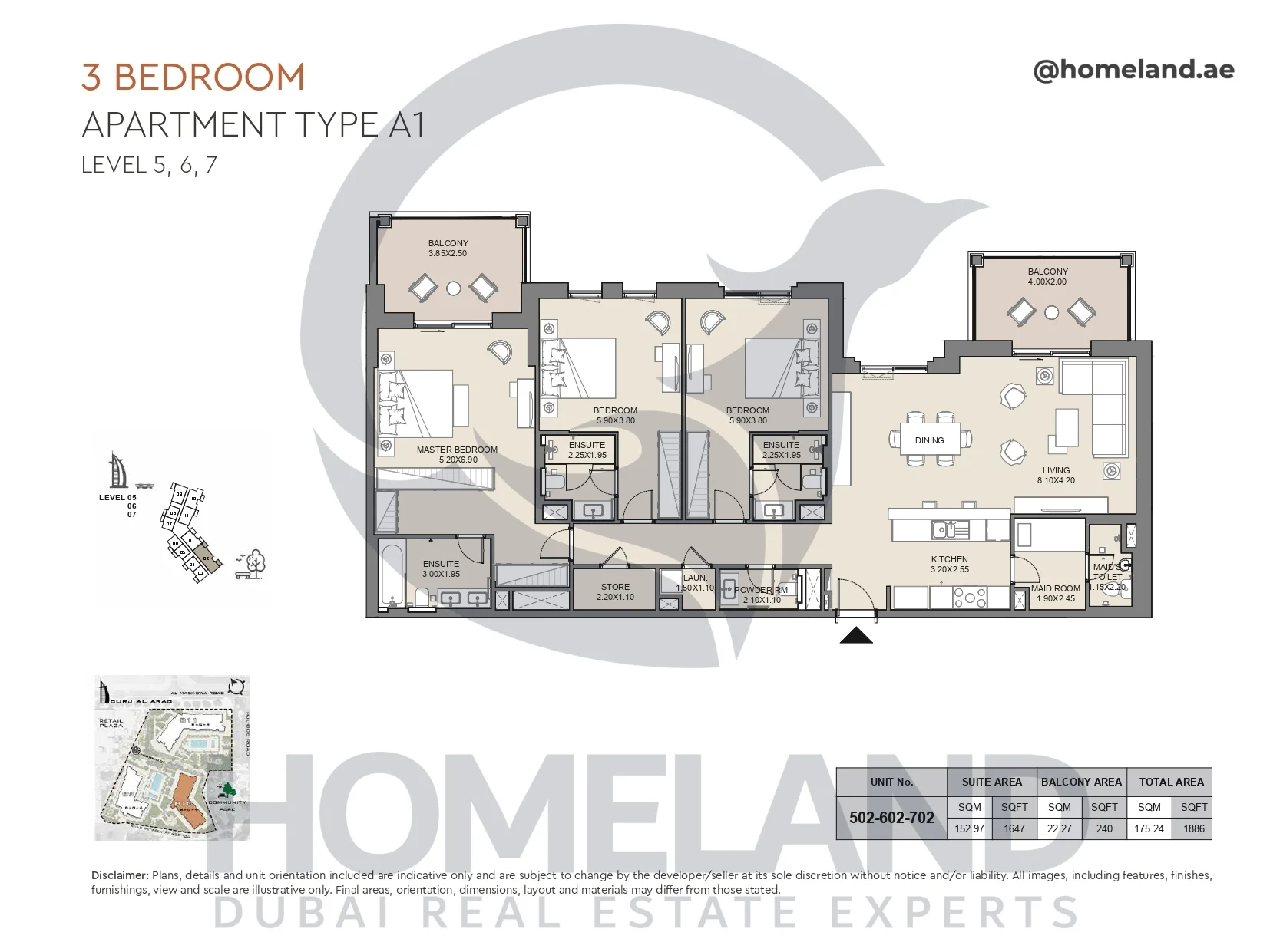 Jabeel, 3BR, Type A1, Level 5 to 7, Unit 502-602-702, 1886 SQFT