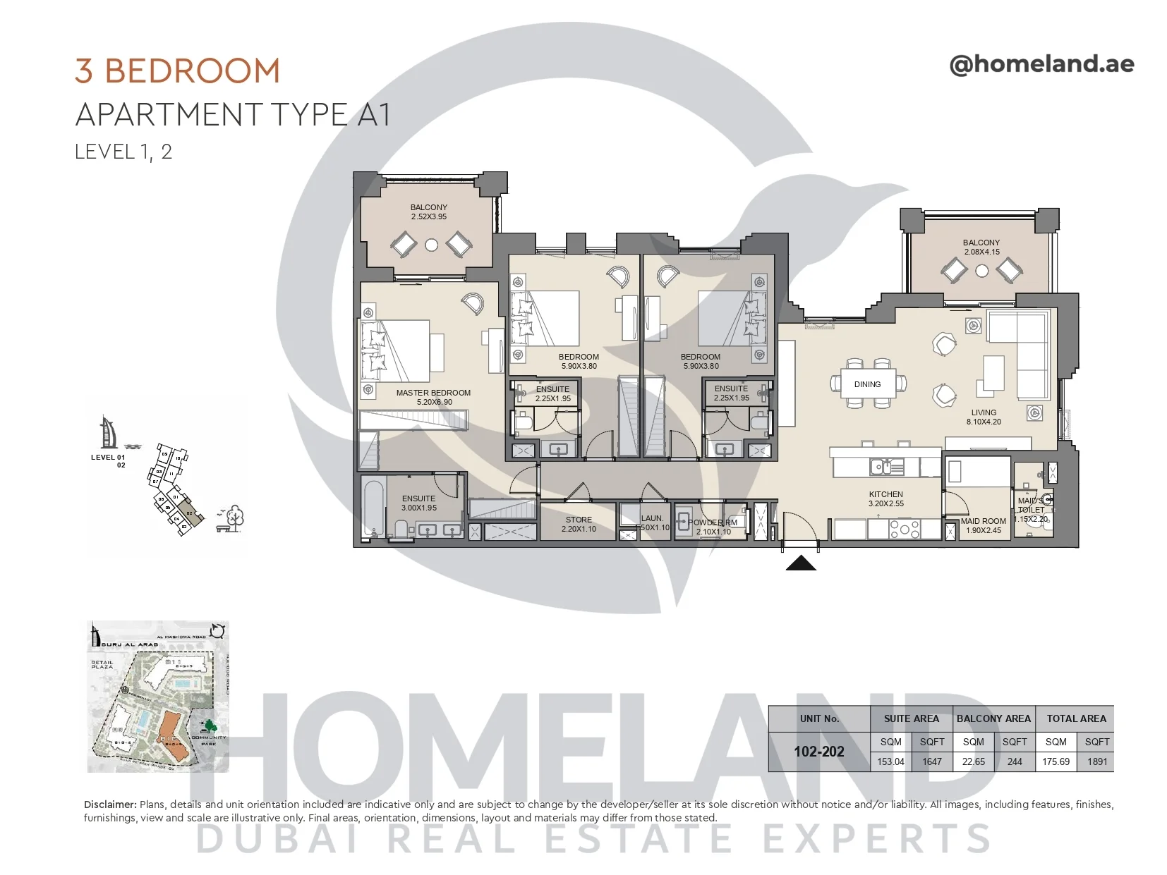 Jabeel, 3BR, Type A1, Level 1 & 2, Unit 102-202, 1891 SQFT