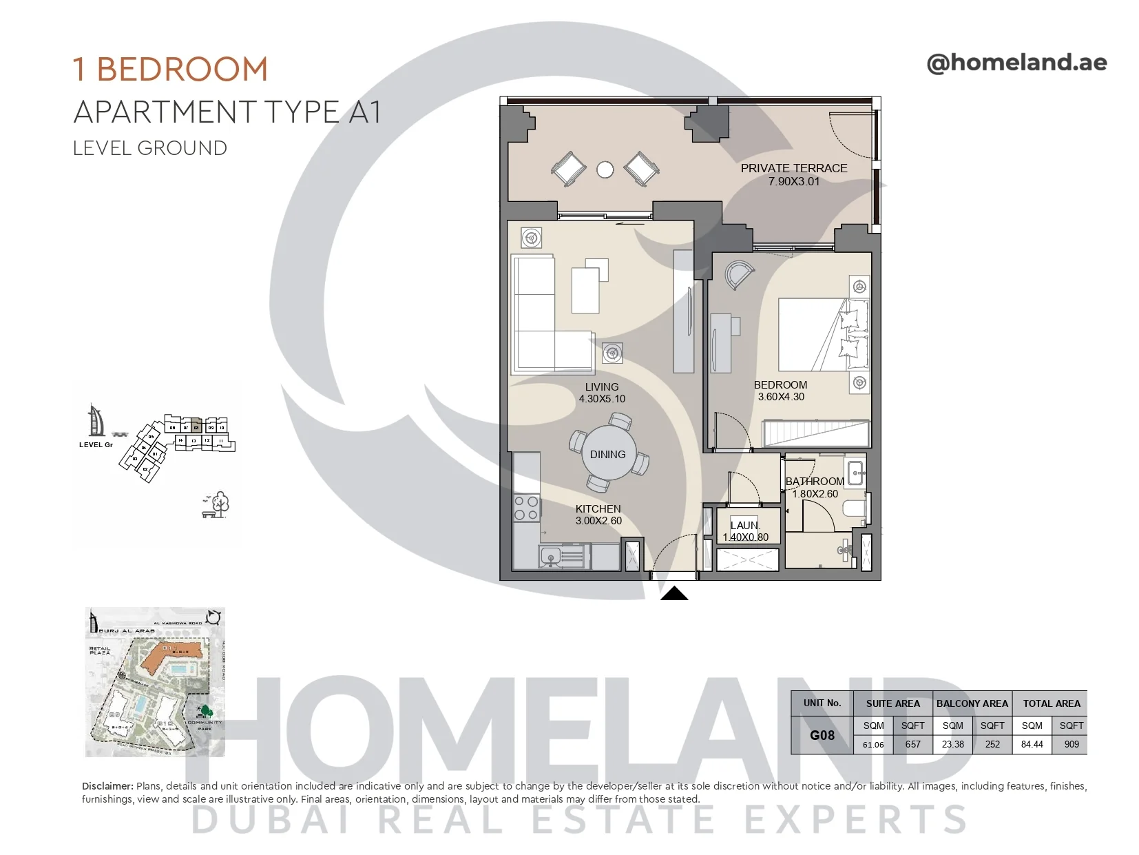 Jabeel, 1BR, Type A1, Ground Floor, Unit G08, 909 SQFT