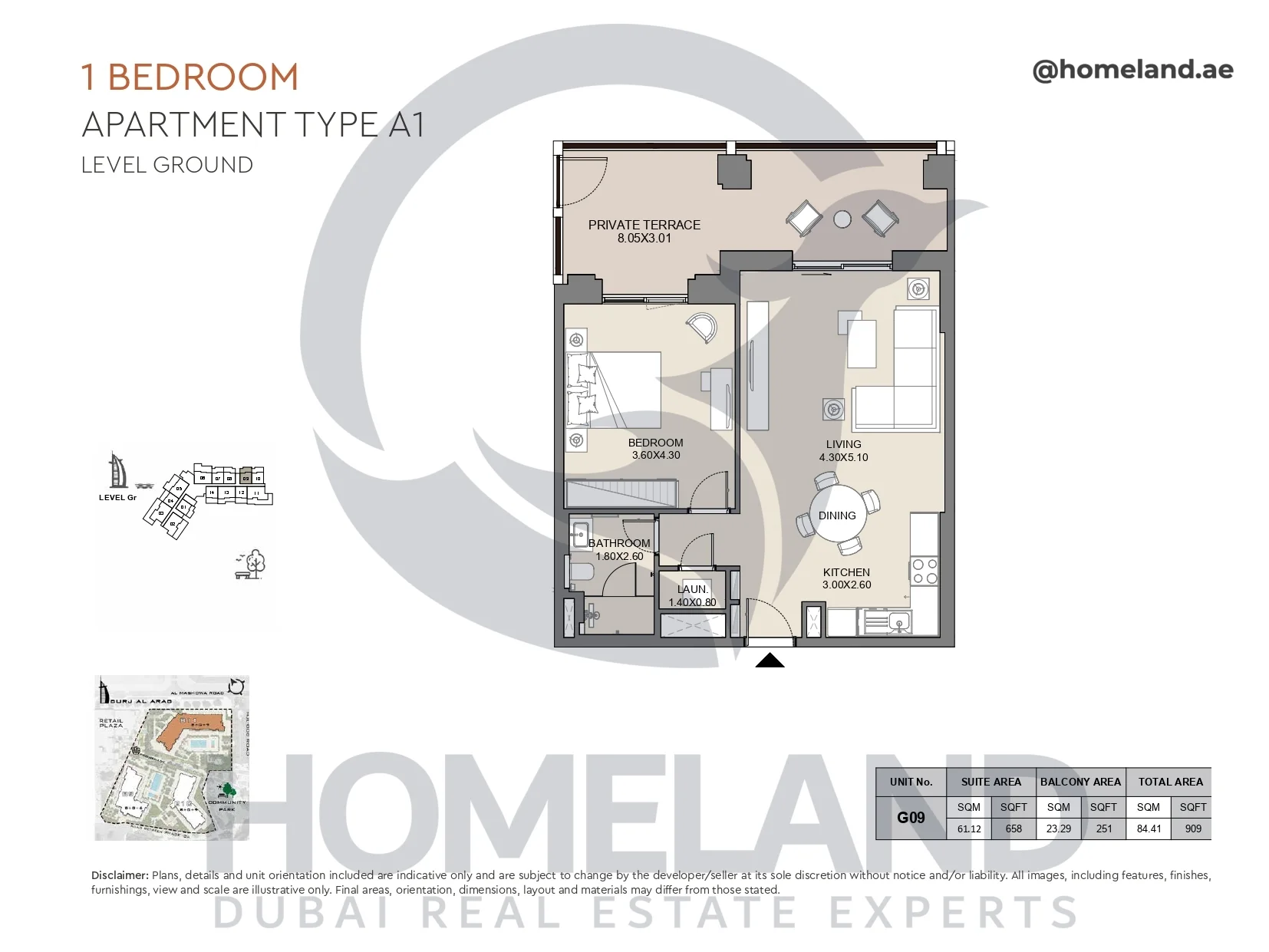 Jabeel, 1BR, Type A1, Ground Floor, Unit G09, 909 SQFT