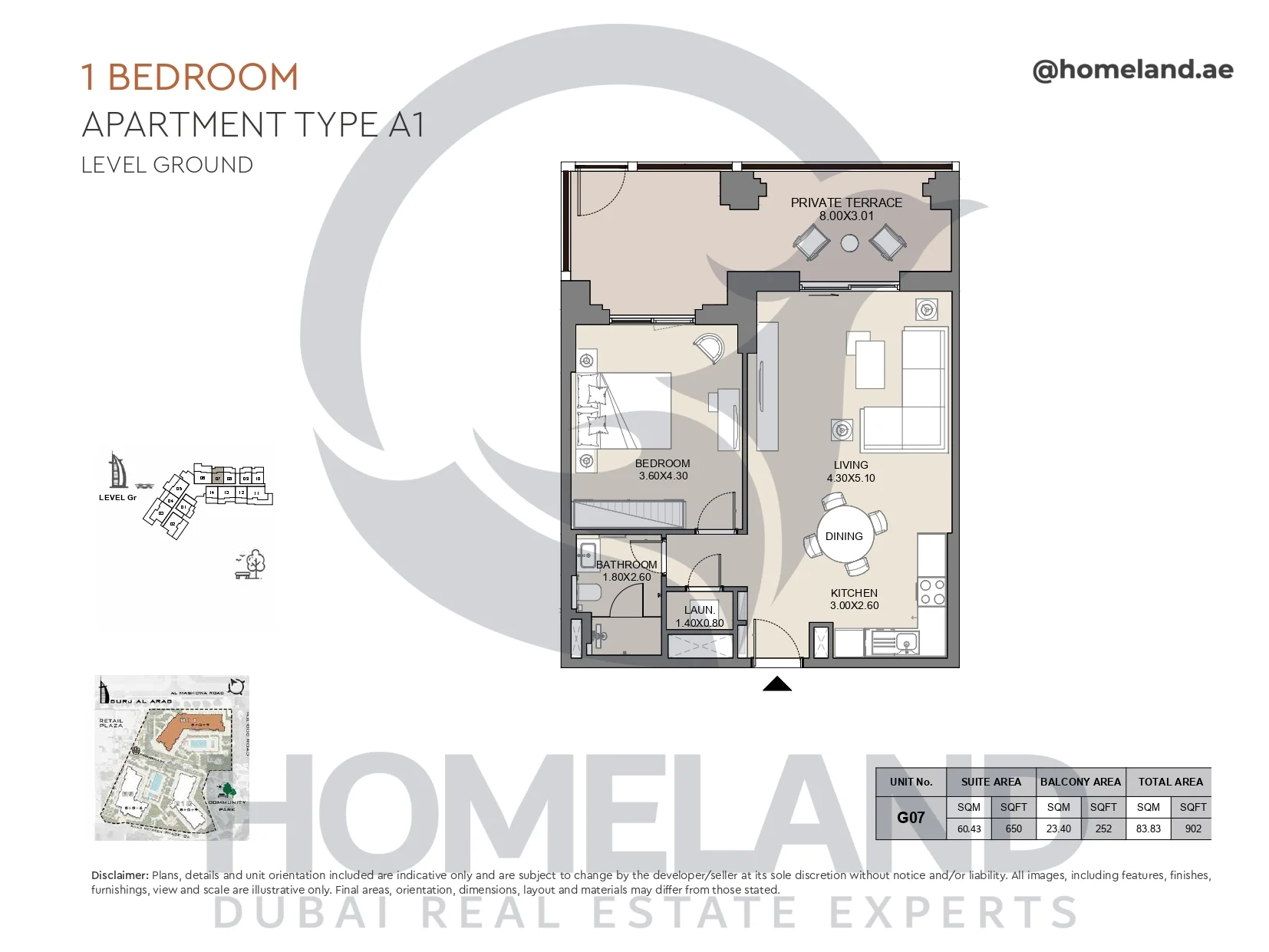Jabeel, 1BR, Type A1, Ground Floor, Unit G07, 902 SQFT