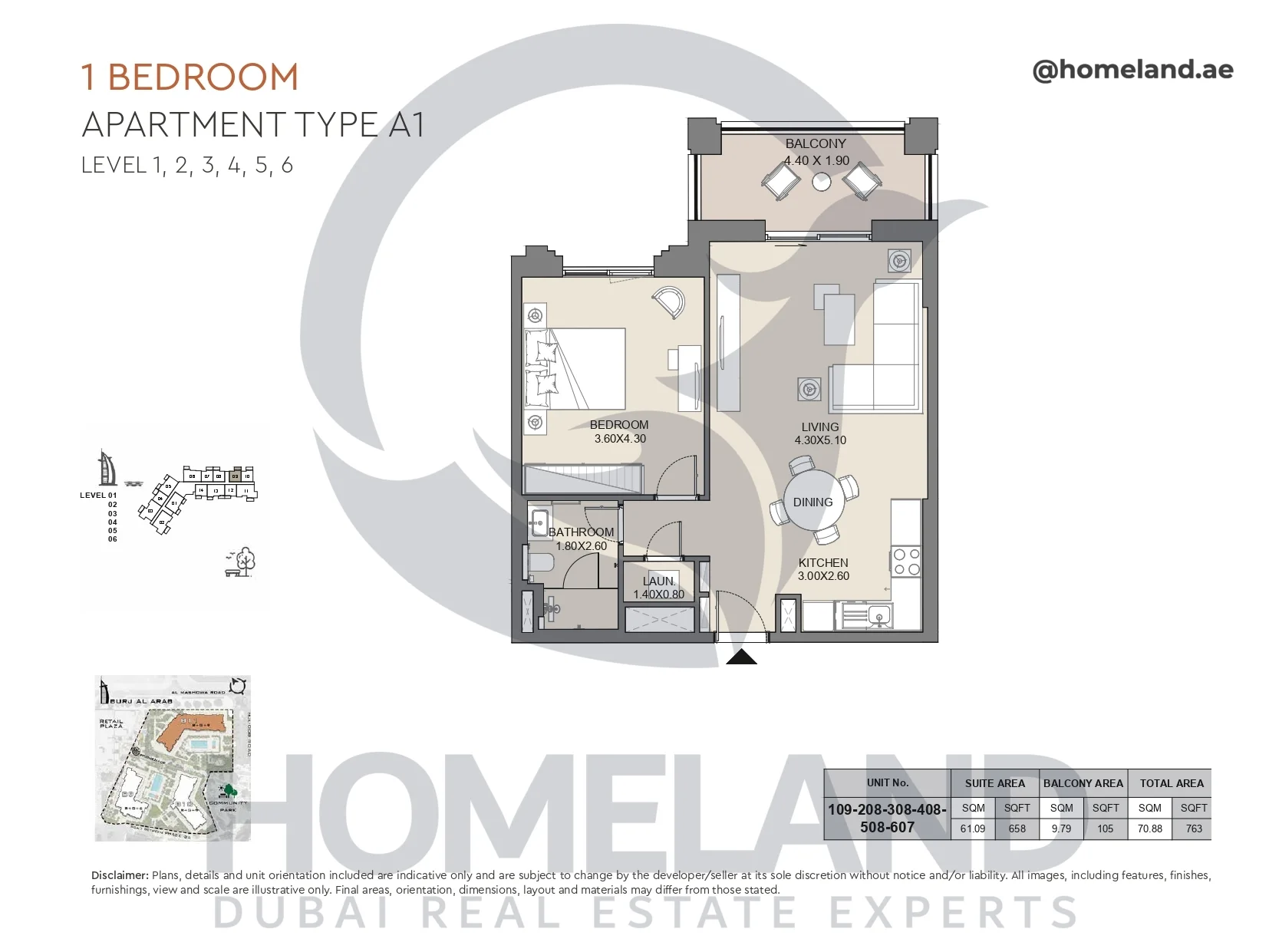 Jabeel, 1BR, Type A1, Level 1 to 6, Unit 109-208-308-408-508-607, 763 SQFT
