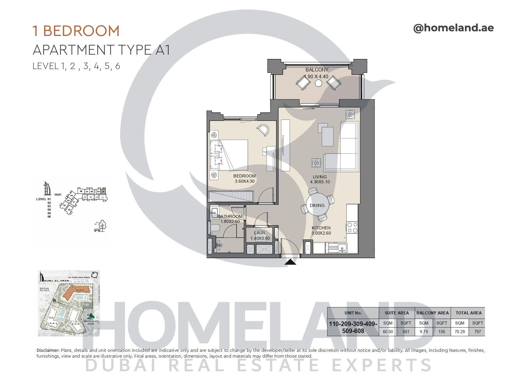Jabeel, 1BR, Type A1, Level 1 to 6, Unit 110-209-309-409-509-608, 757 SQFT