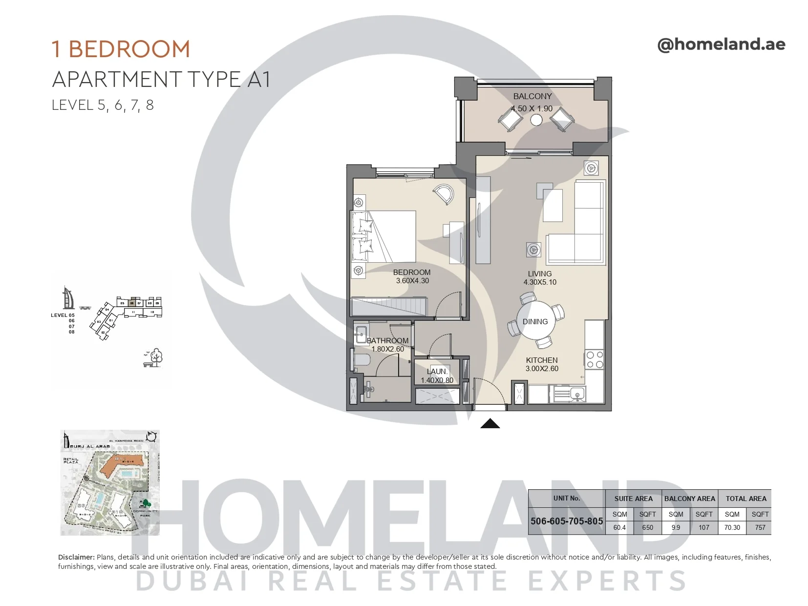 Jabeel, 1BR, Type A1, Level 5 to 8, Unit 506-605-705-805, 757 SQFT