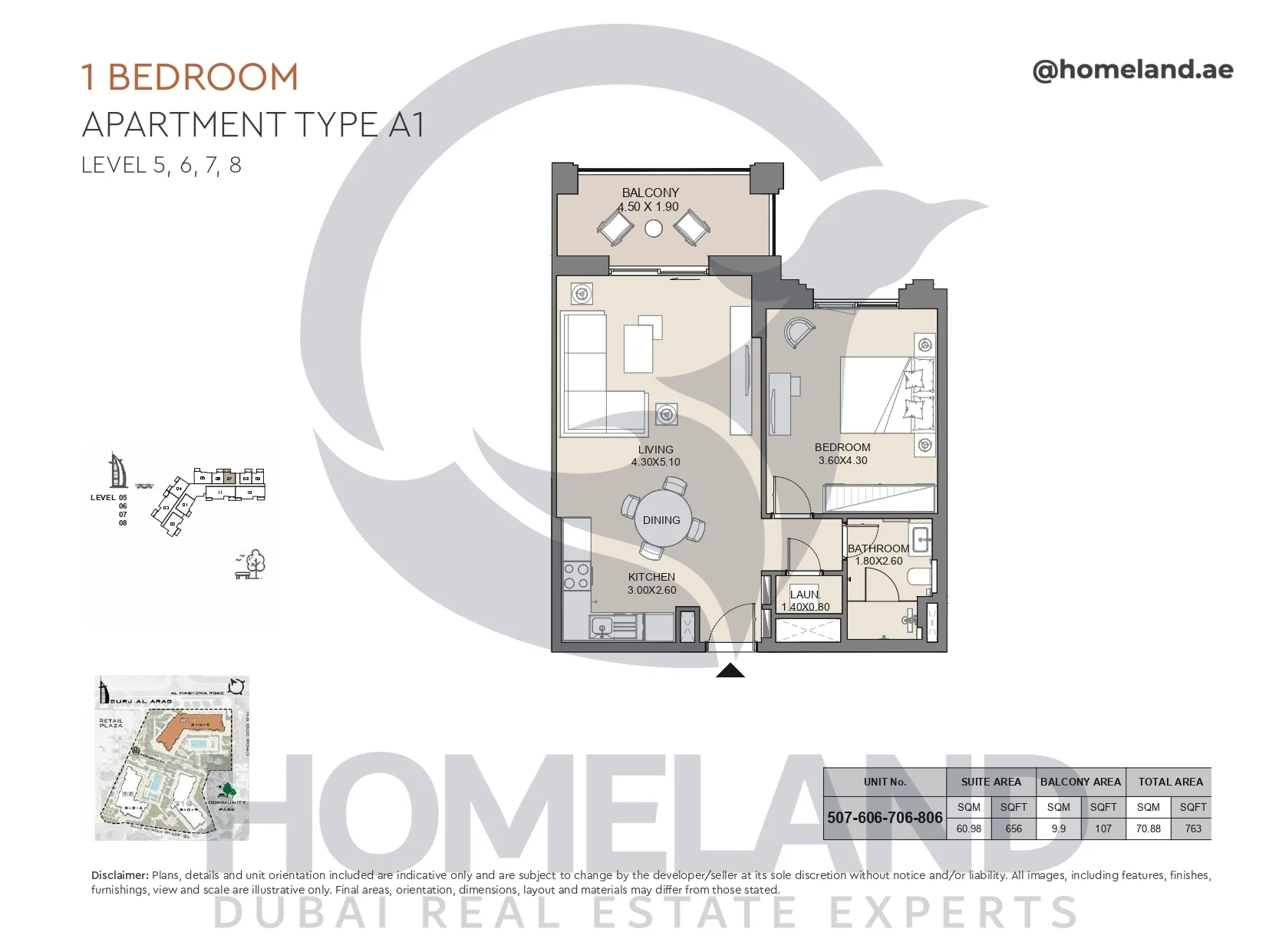 Jabeel, 1BR, Type A1, Level 5 to 8, Unit 507-606-706-806, 763 SQFT