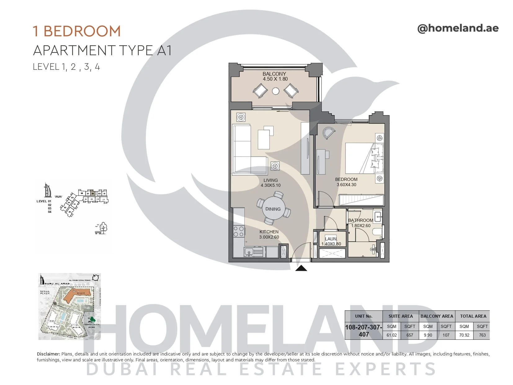 Jabeel, 1BR, Type A1, Level 1 to 4, Unit 108-207-307-407, 763 SQFT