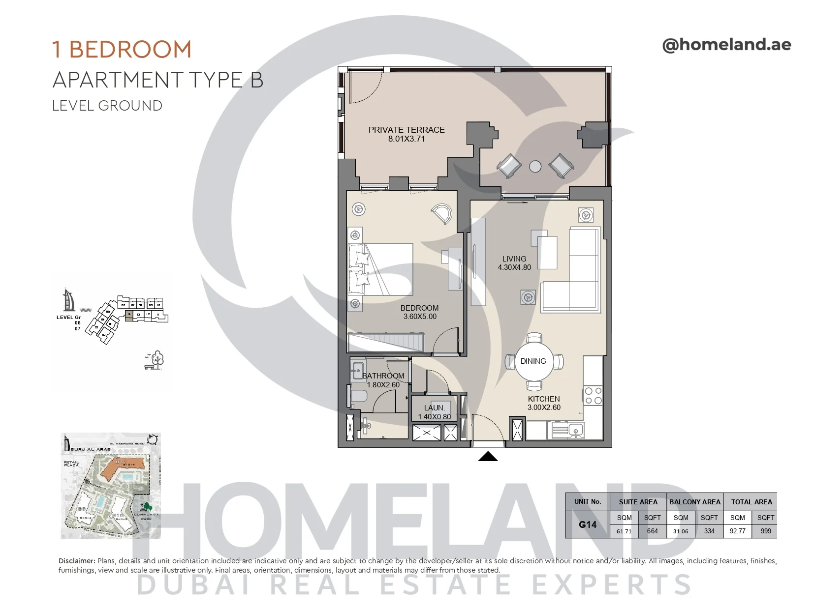 Jabeel, 1BR, Type B, Ground Floor, Unit G14, 999 SQFT