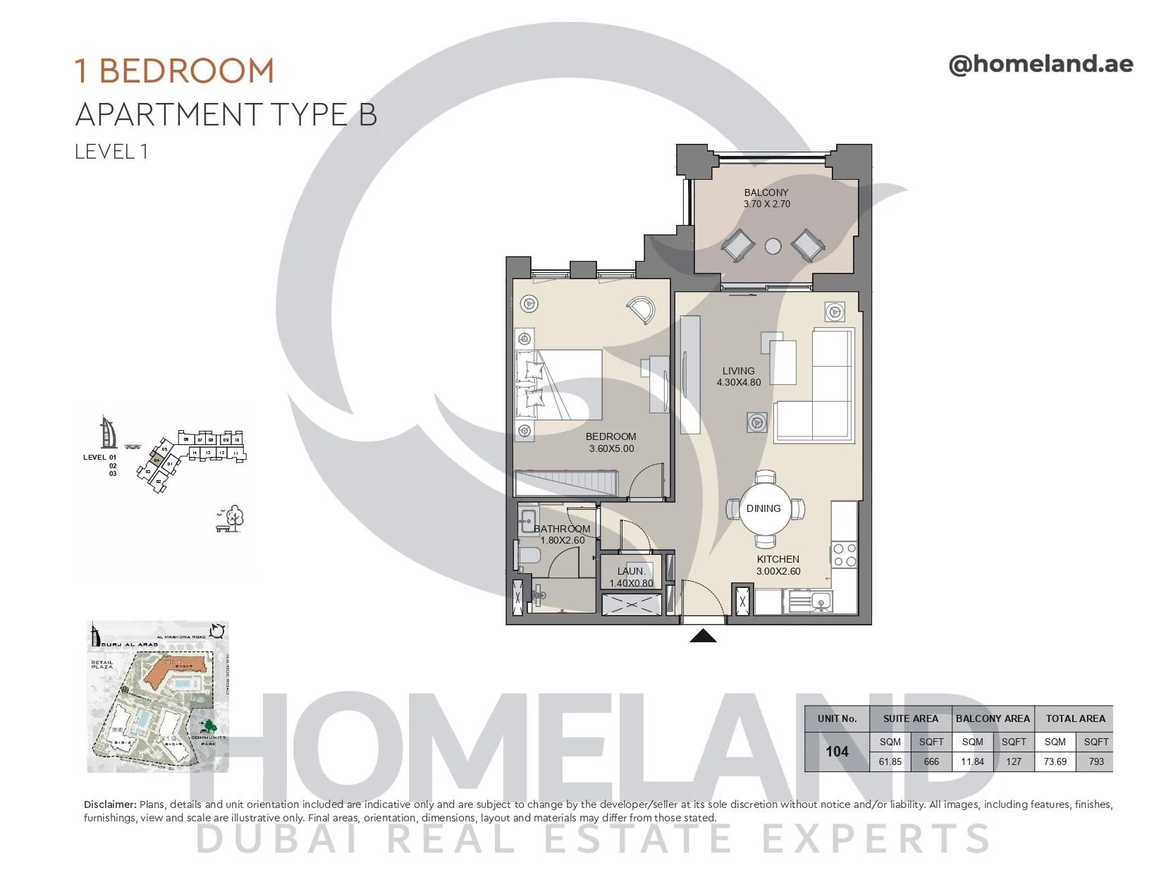 Jabeel, 1BR, Type B, Level 1, Unit 104, 793 SQFT