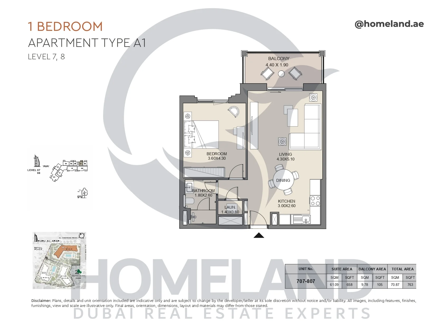 Jabeel, 1BR, Type A1, Level 7 & 8, Unit 707-807, 763 SQFT