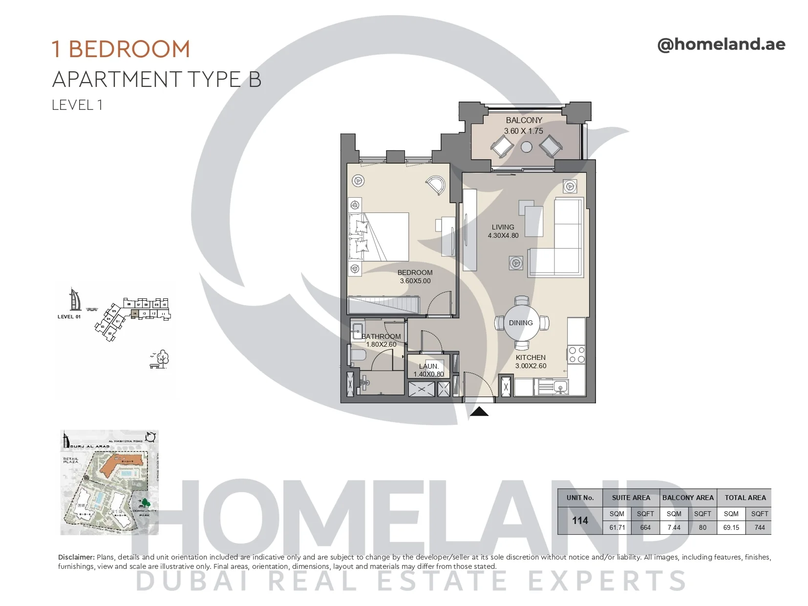 Jabeel, 1BR, Type B, Level 1, Unit 114, 744 SQFT