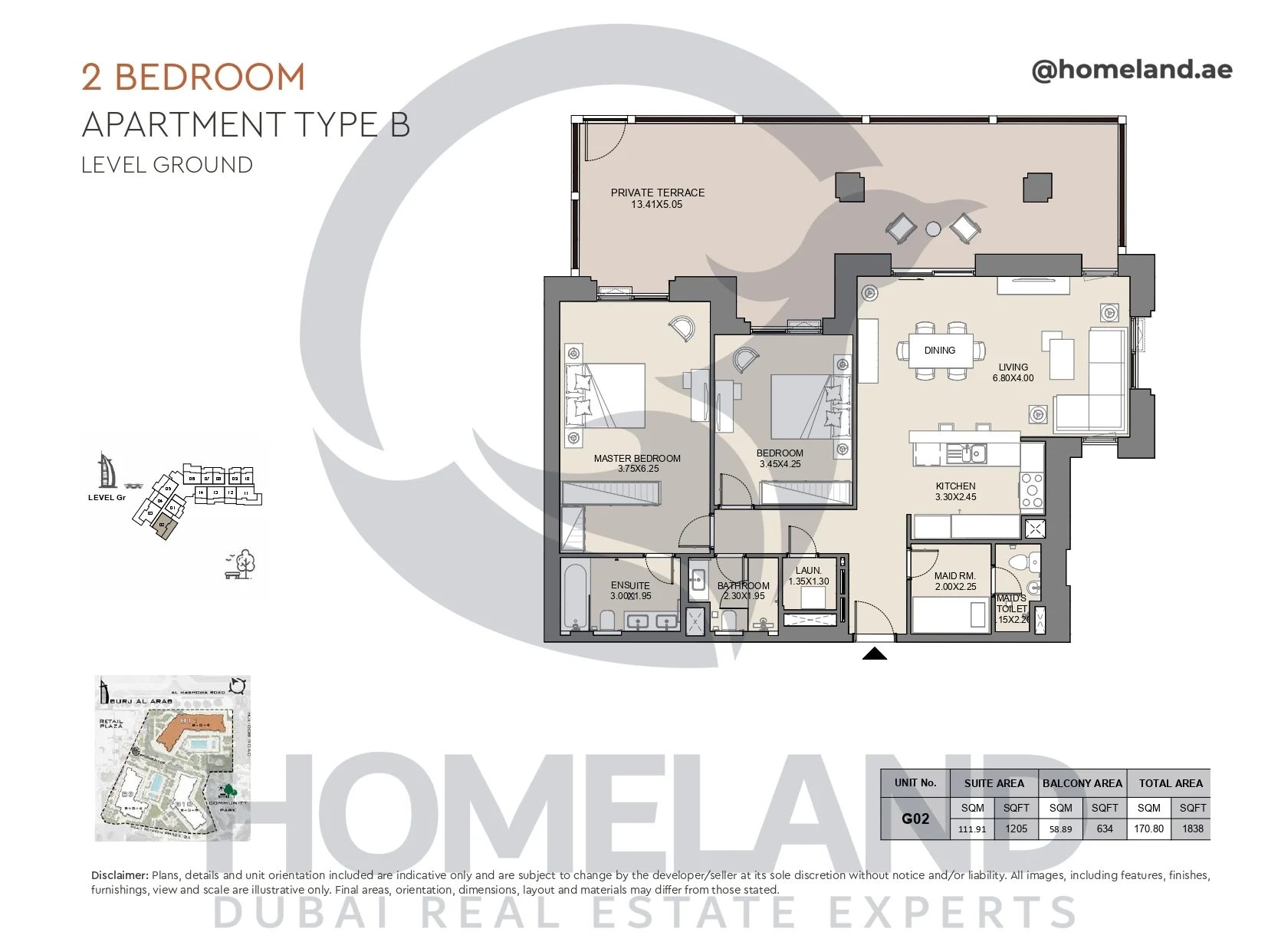 Jabeel, 2BR, Type B, Ground Floor, Unit G02, 1838 SQFT