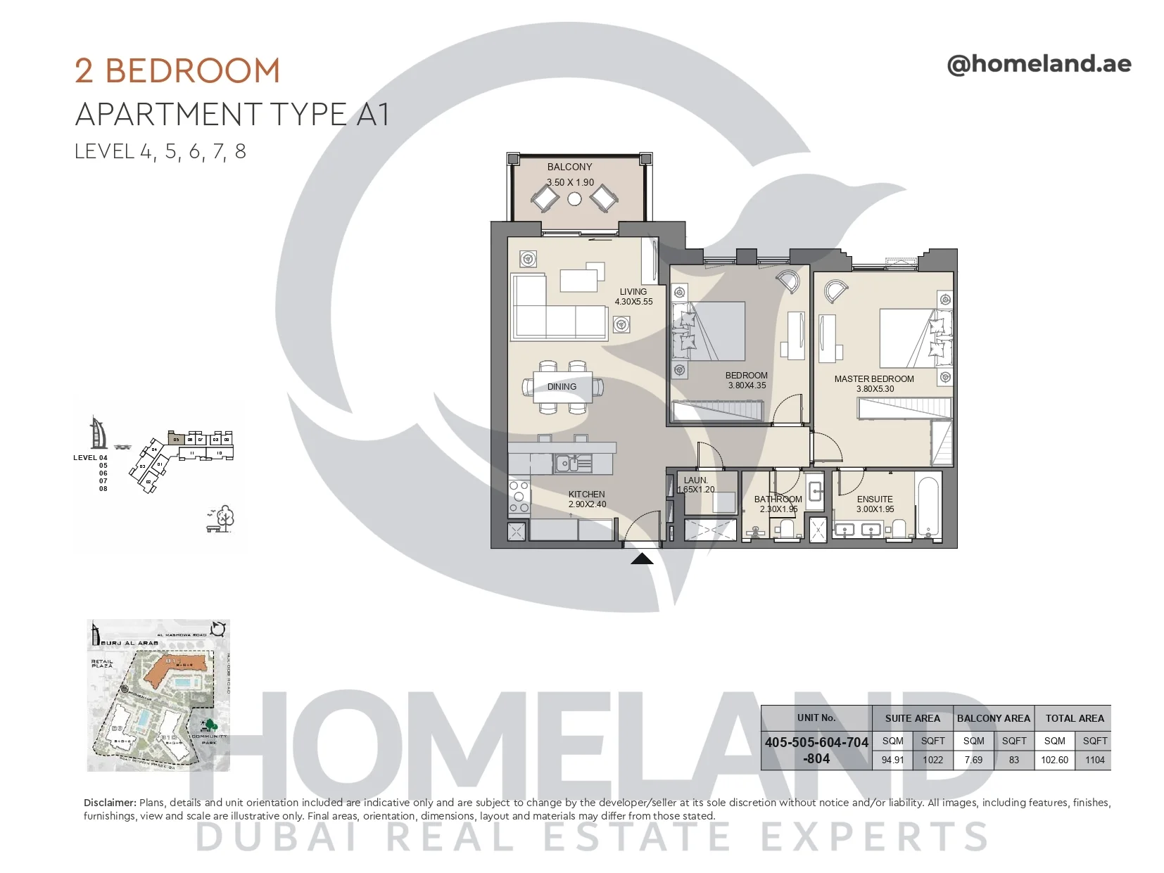 Jabeel, 2BR, Type A1, Level 4 to 8, Unit 405-505-604-704-804, 1104 SQFT