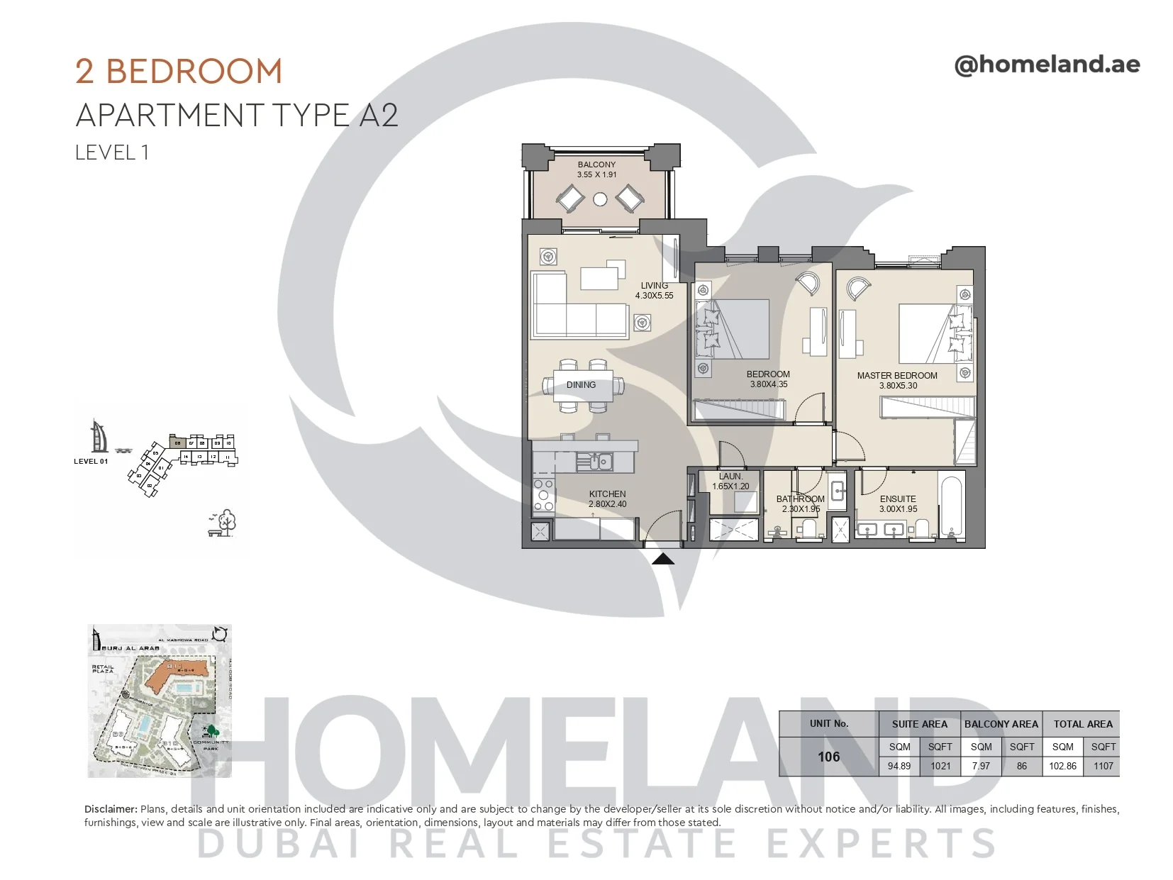 Jabeel, 2BR, Type A2, Level 1, Unit 106, 1107 SQFT