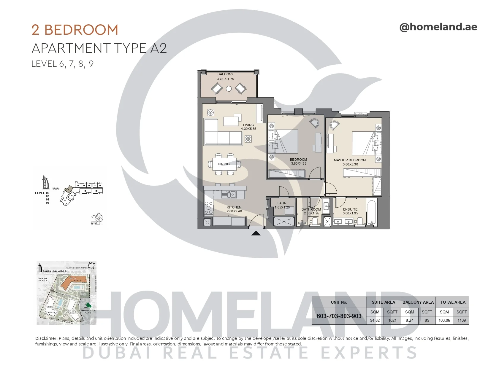 Jabeel, 2BR, Type A2, Level 6 to 9, Unit 603-703-803-903, 1109 SQFT