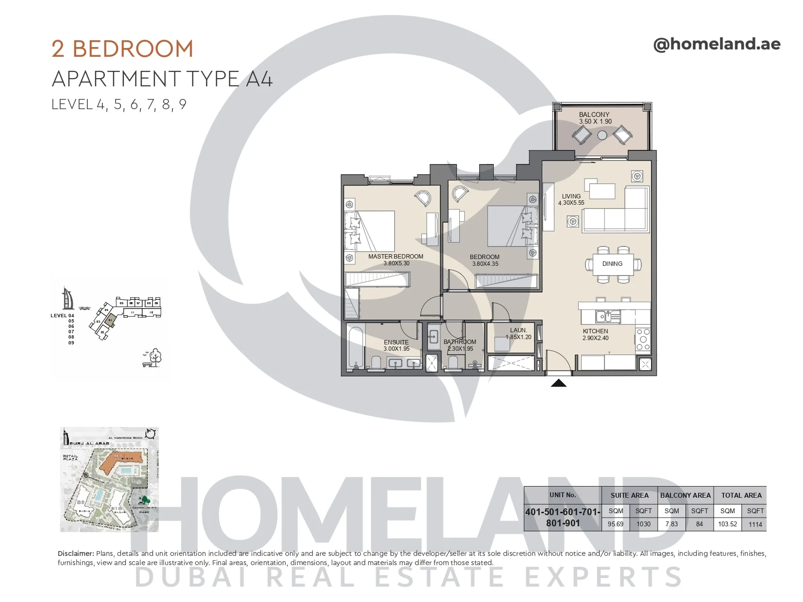 Jabeel, 2BR, Type A4, Level 4 to 9, Unit 401-501-601-701-801-901, 1114 SQFT