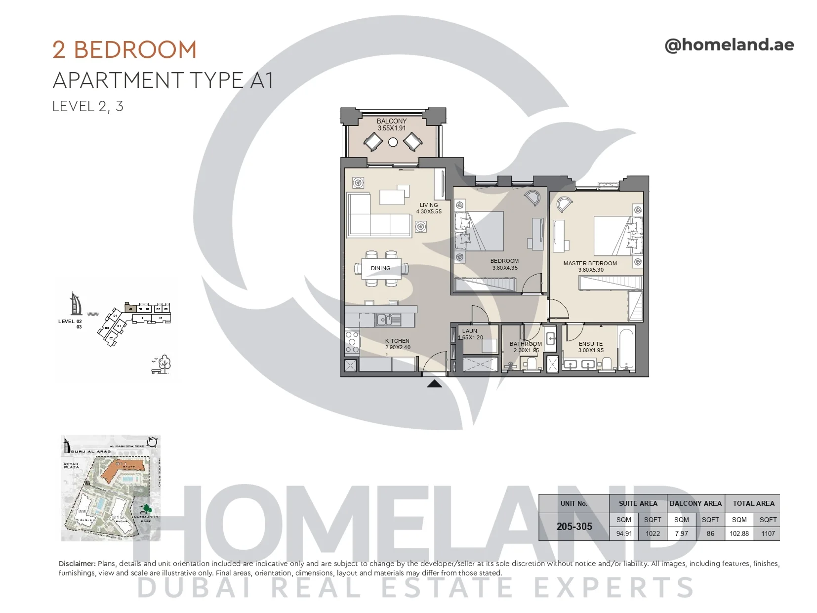 Jabeel, 2BR, Type A1, Level 2 & 3, Unit 205-305, 1107 SQFT