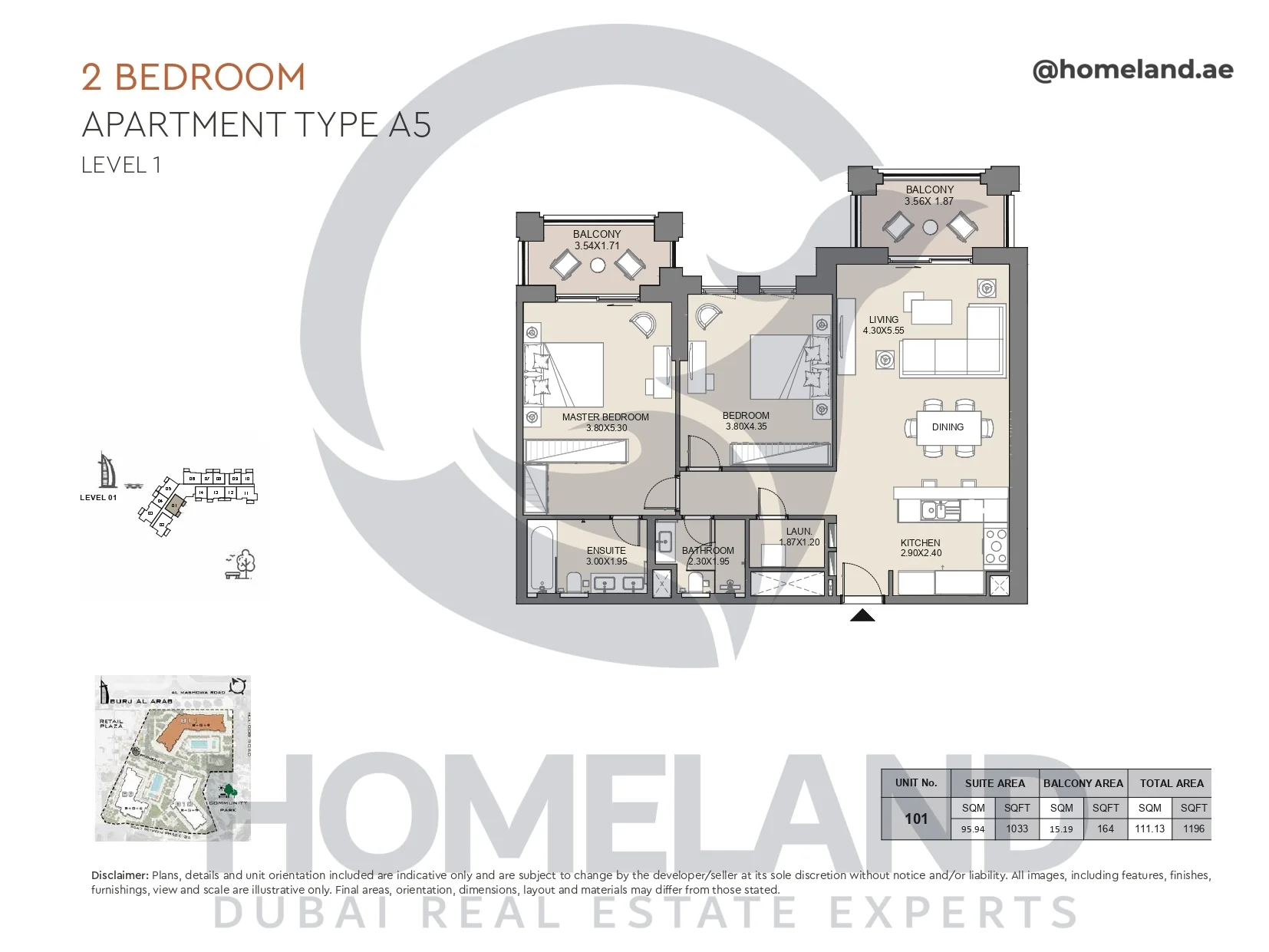 Jabeel, 2BR, Type A5, Level 1, Unit 101, 1196 SQFT