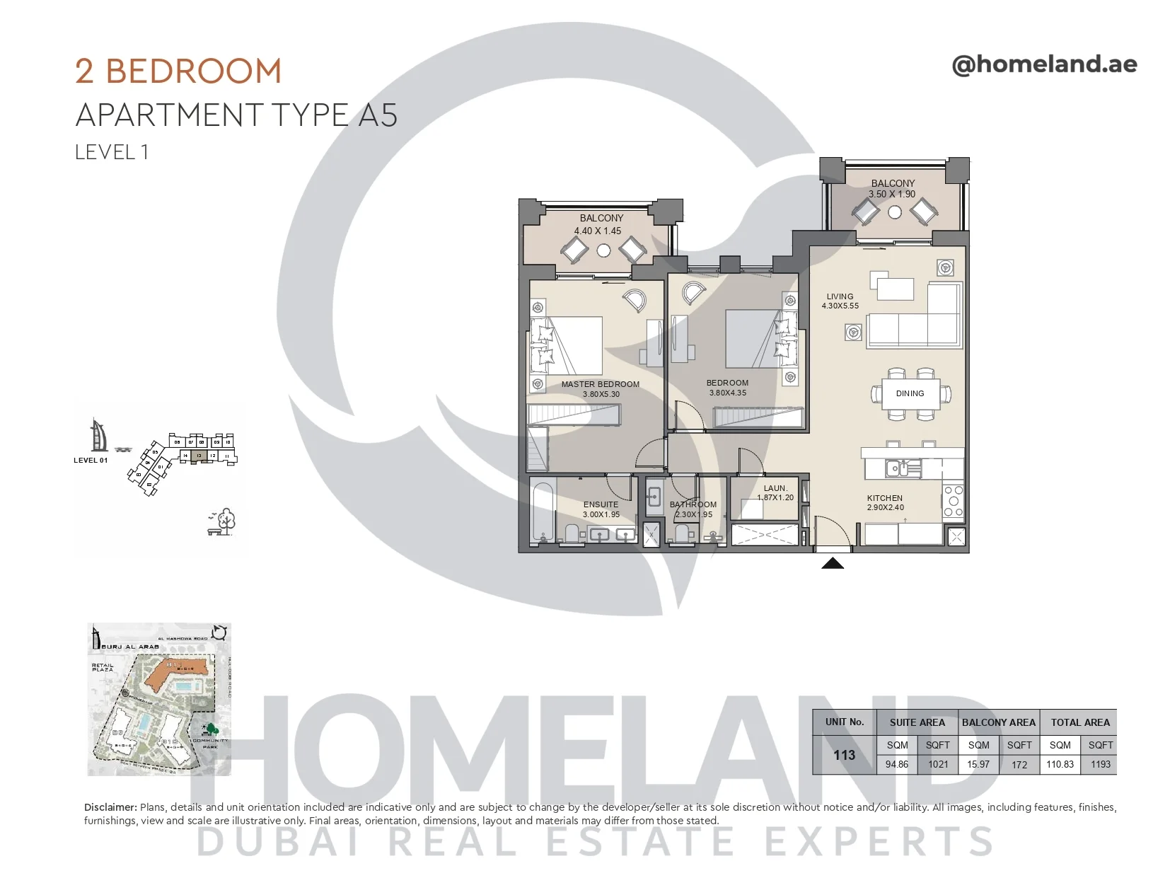 Jabeel, 2BR, Type A5, Level 1, Unit 113, 1193 SQFT