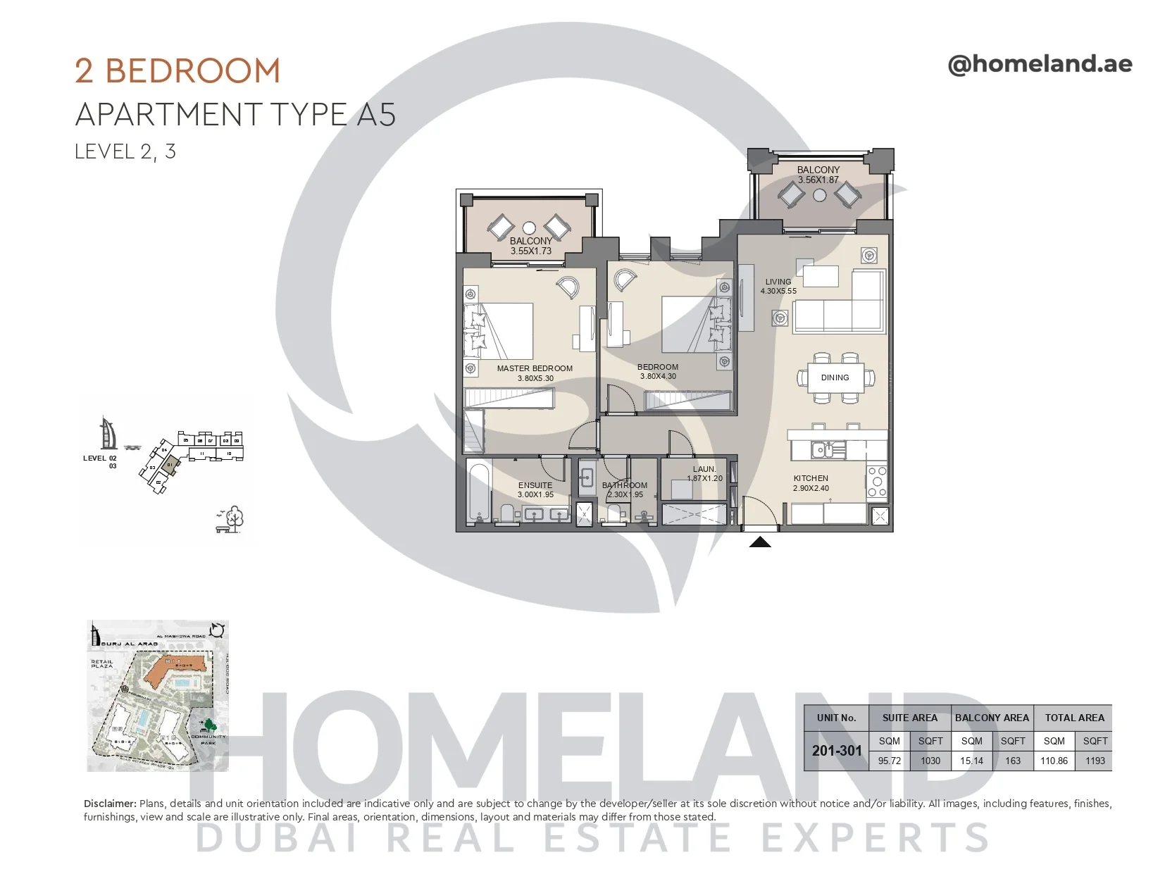 Jabeel, 2BR, Type A5, Level 2 & 3, Unit 201-301, 1193 SQFT