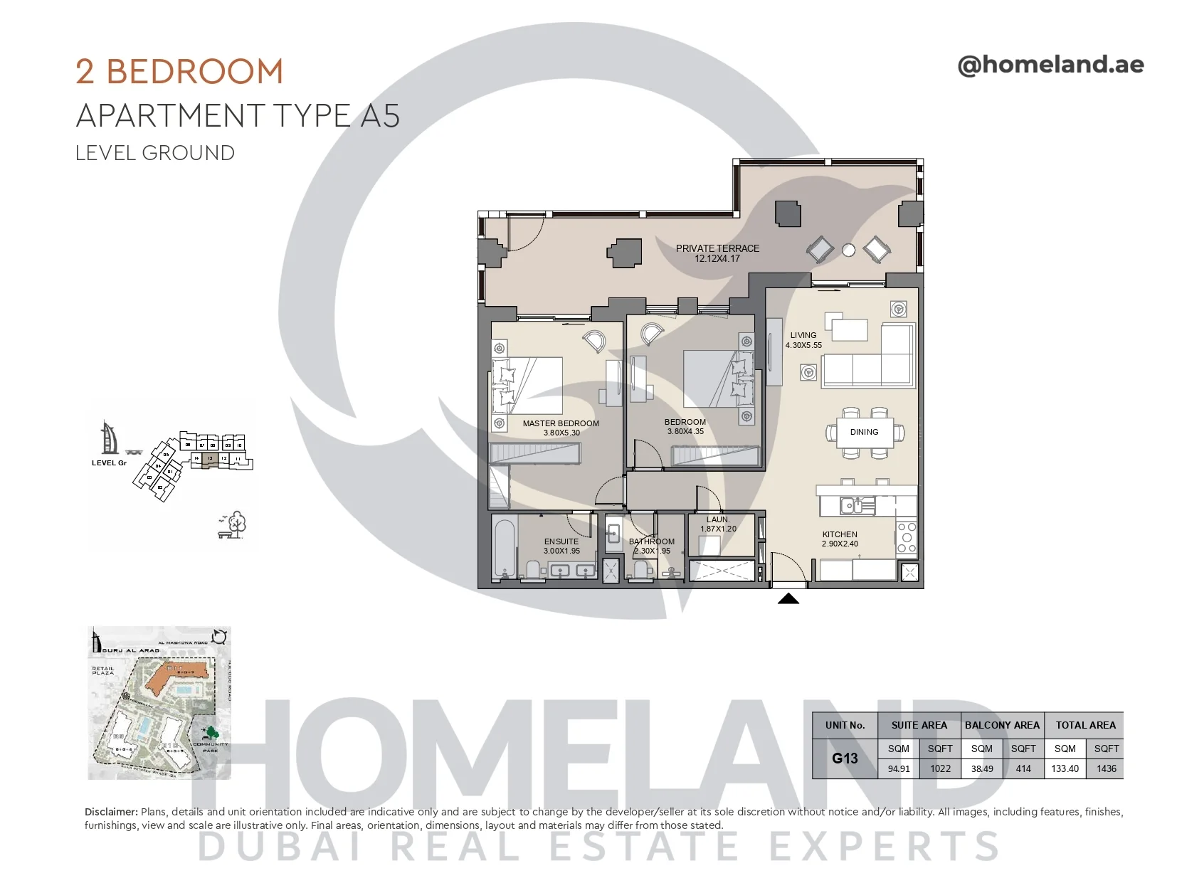 Jabeel, 2BR, Type A5, Ground Floor, Unit G13, 1436 SQFT