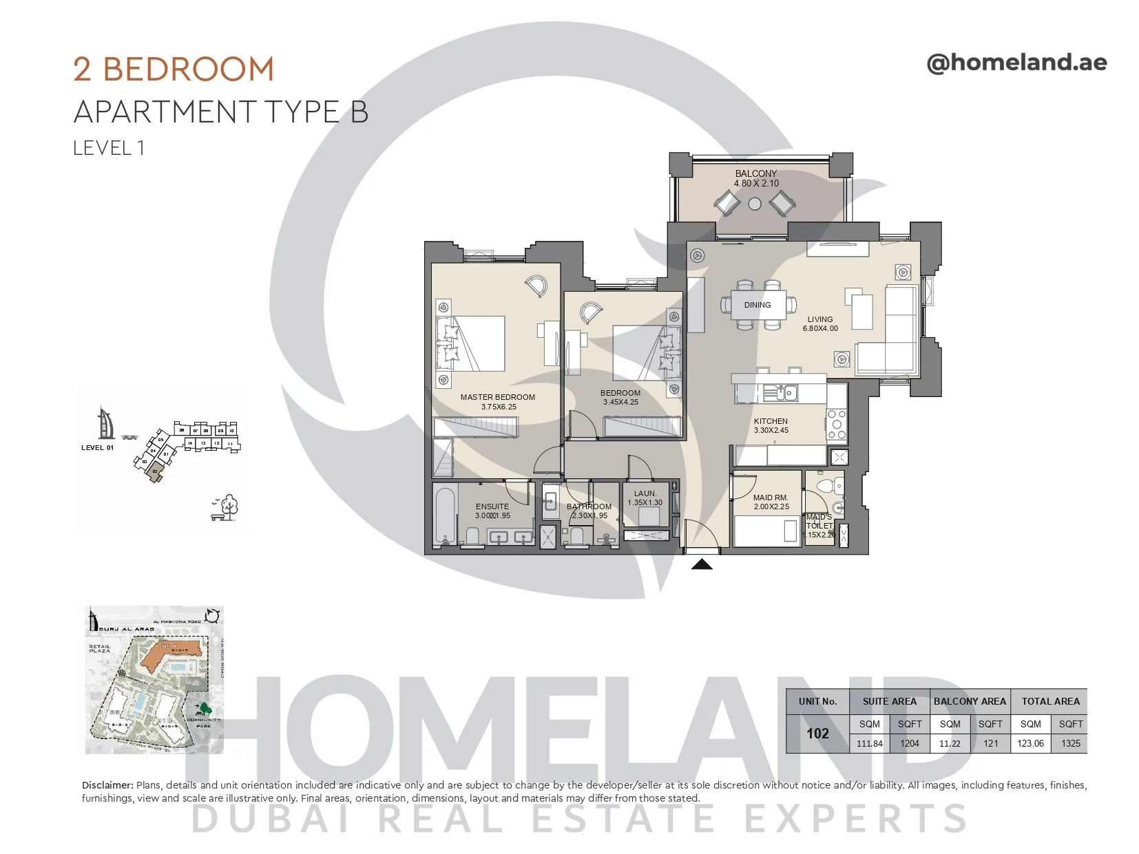 Jabeel, 2BR, Type B, Level 1, Unit 102, 1325 SQFT