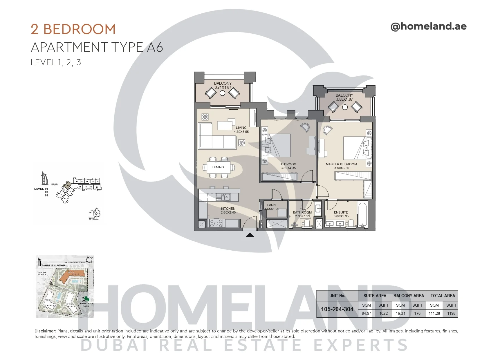 Jabeel, 2BR, Type A6, Level 1 to 3, Unit 105-204-304, 1198 SQFT