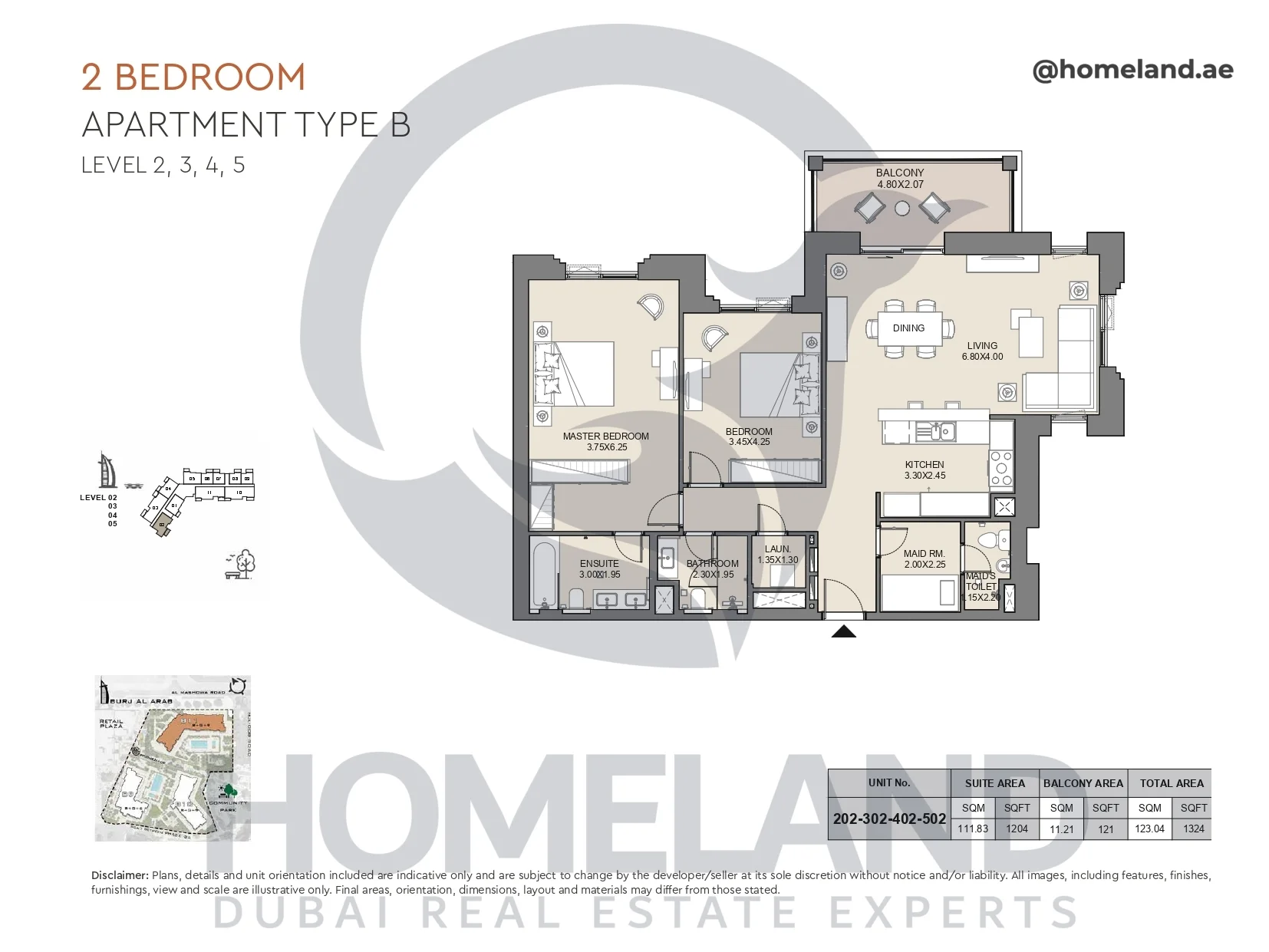 Jabeel, 2BR, Type B, Level 2 to 5, Unit 202-302-402-502, 1324 SQFT