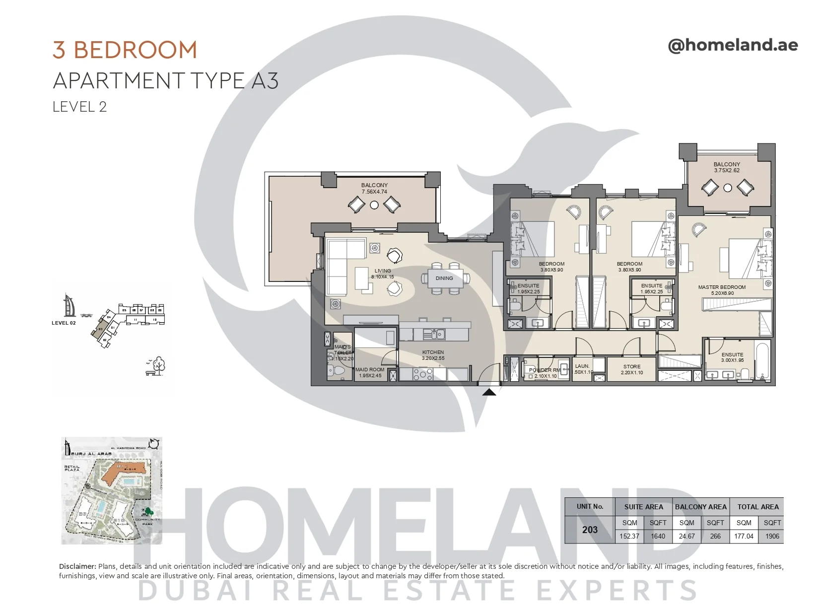 Jabeel, 3BR, Type A3, Level 2, Unit 203, 1906 SQFT
