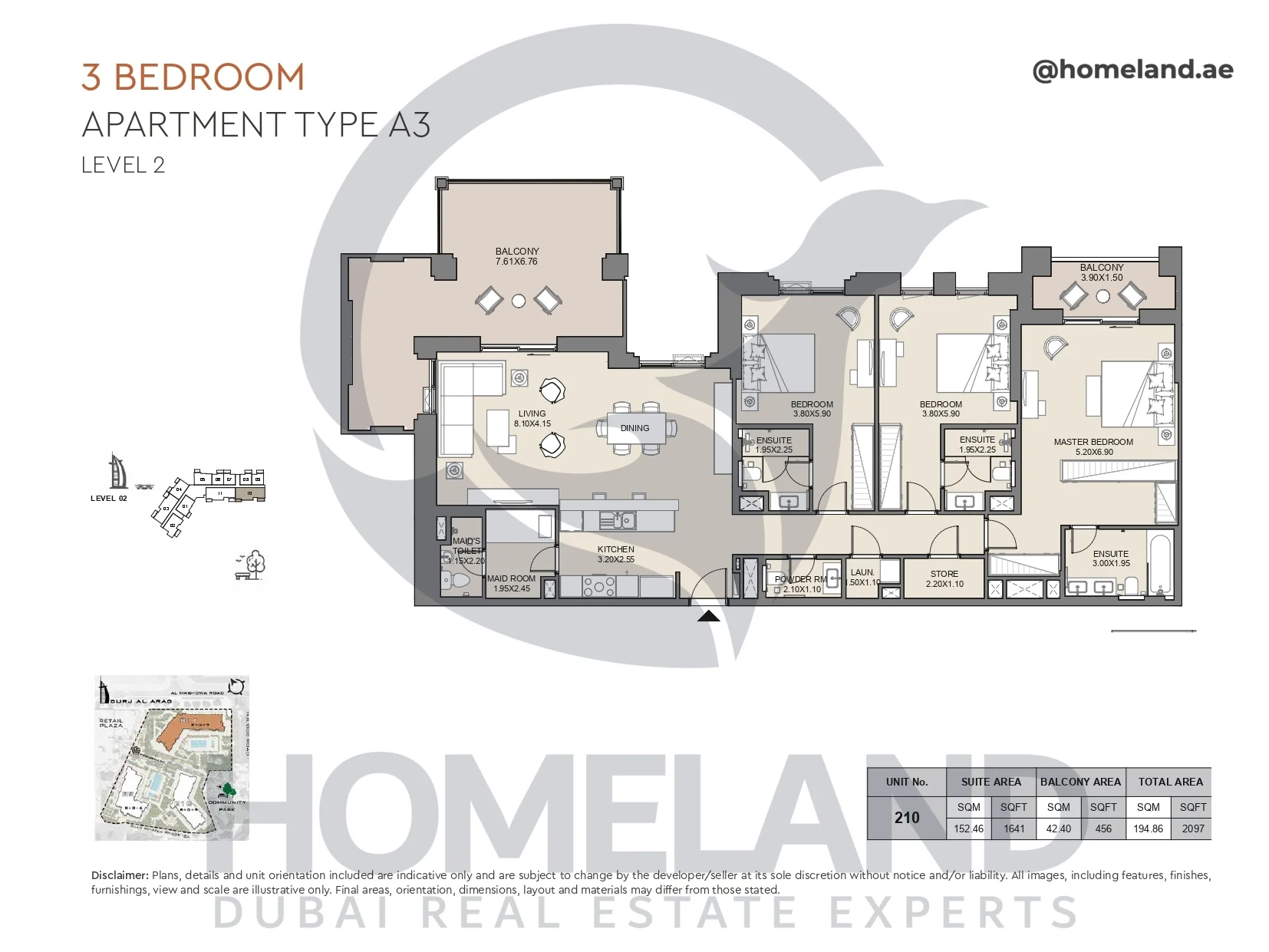 Jabeel, 3BR, Type A3, Level 2, Unit 210, 2097 SQFT