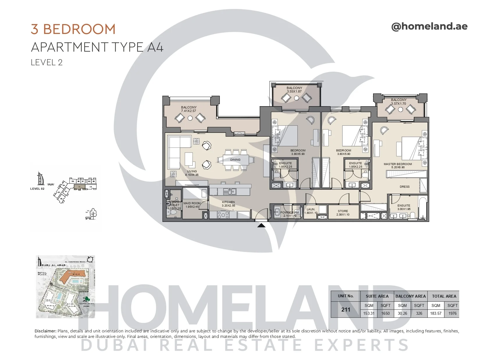 Jabeel, 3BR, Type A4, Level 2, Unit 211, 1976 SQFT