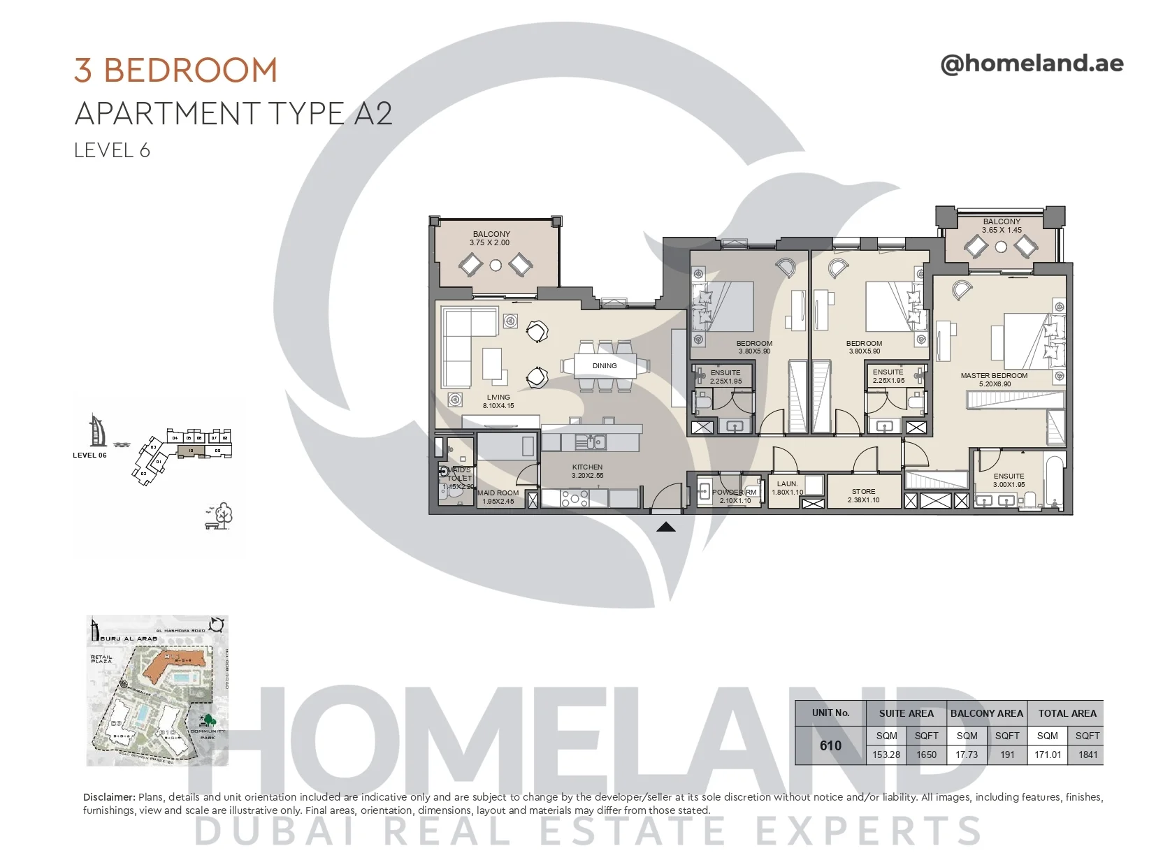 Jabeel, 3BR, Type A2, Level 6, Unit 610, 1841 SQFT