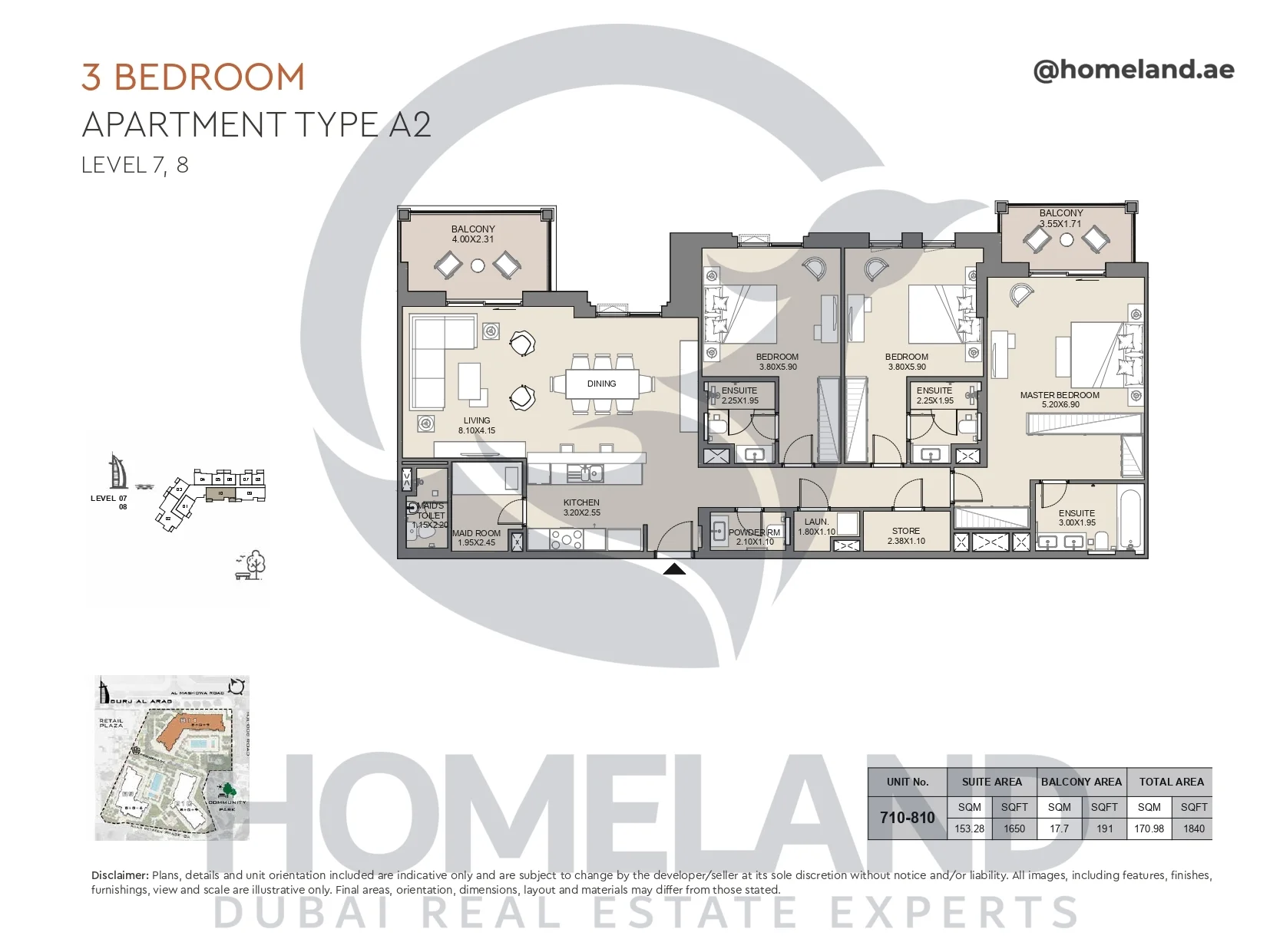 Jabeel, 3BR, Type A2, Level 7 & 8, Unit 710-810, 1840 SQFT