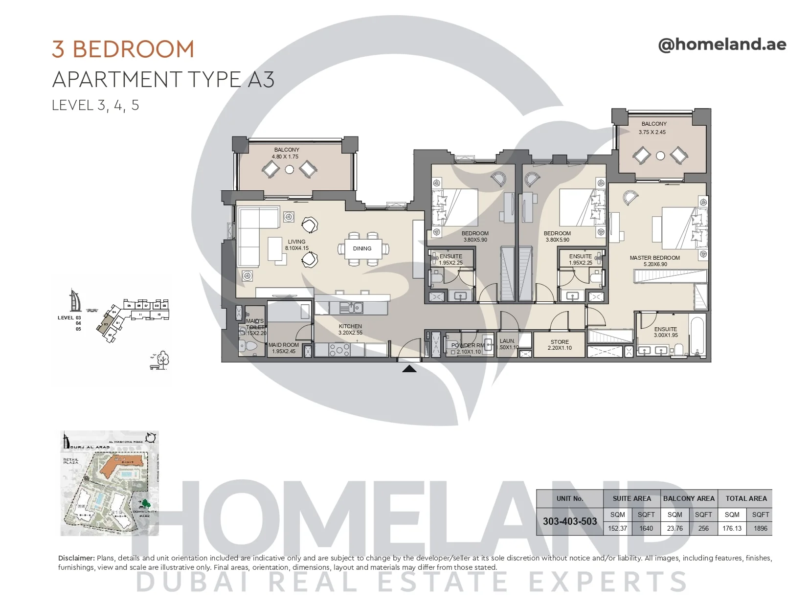 Jabeel, 3BR, Type A3, Level 3 to 5, Unit 303-403-503, 1896 SQFT