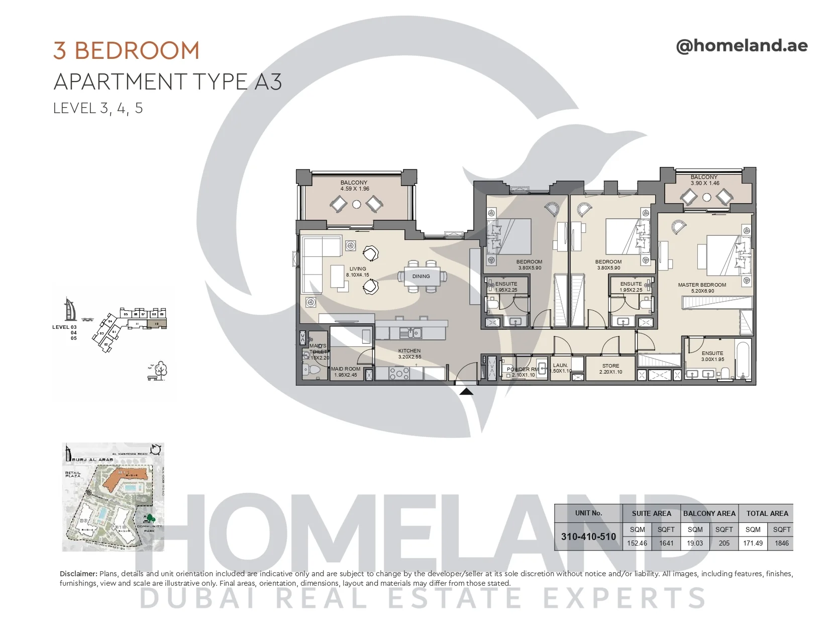 Jabeel, 3BR, Type A3, Level 3 to 5, Unit 310-410-510, 1846 SQFT