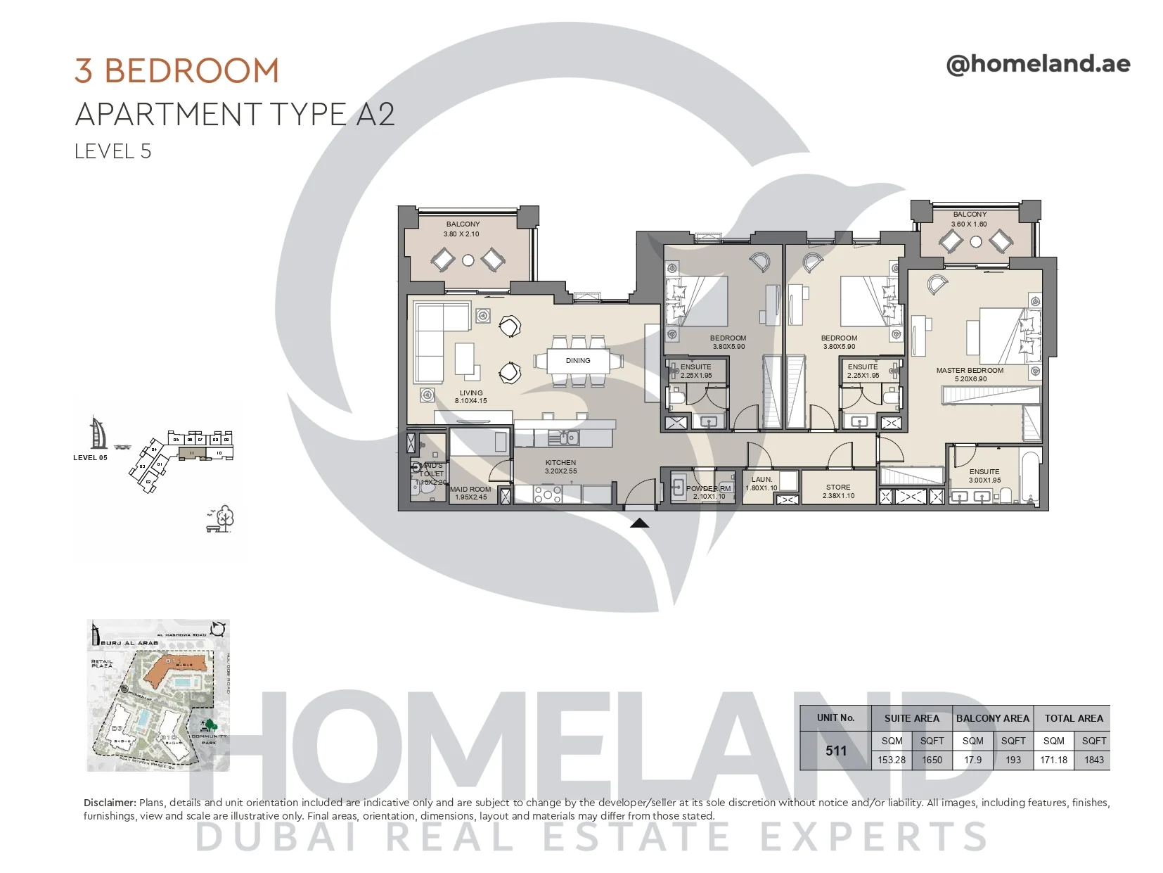 Jabeel, 3BR, Type A2, Level 5, Unit 511, 1843 SQFT