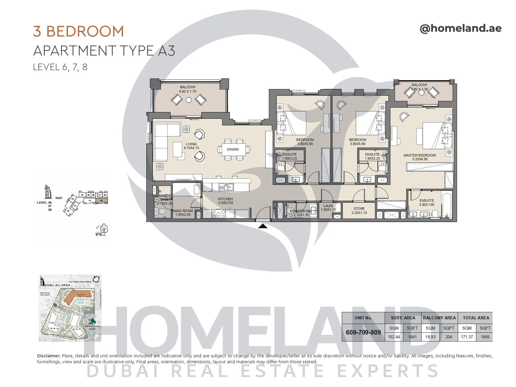 Jabeel, 3BR, Type A3, Level 6 to 8, Unit 609-709-809, 1845 SQFT