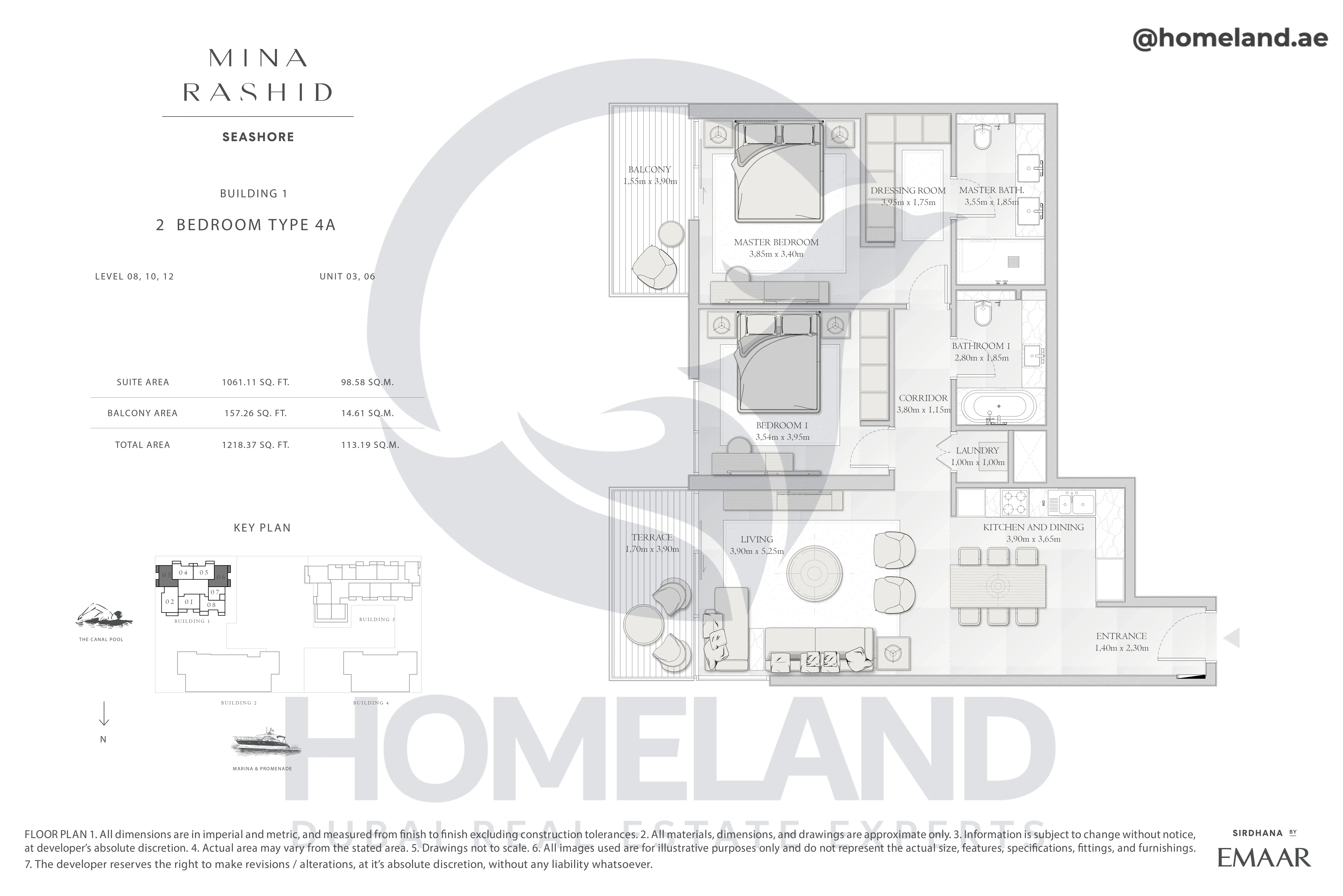 Seashore, Building 1, 2BR, Type 4A, Level 08-10-12, Unit 03-06, 1218.37 SQFT