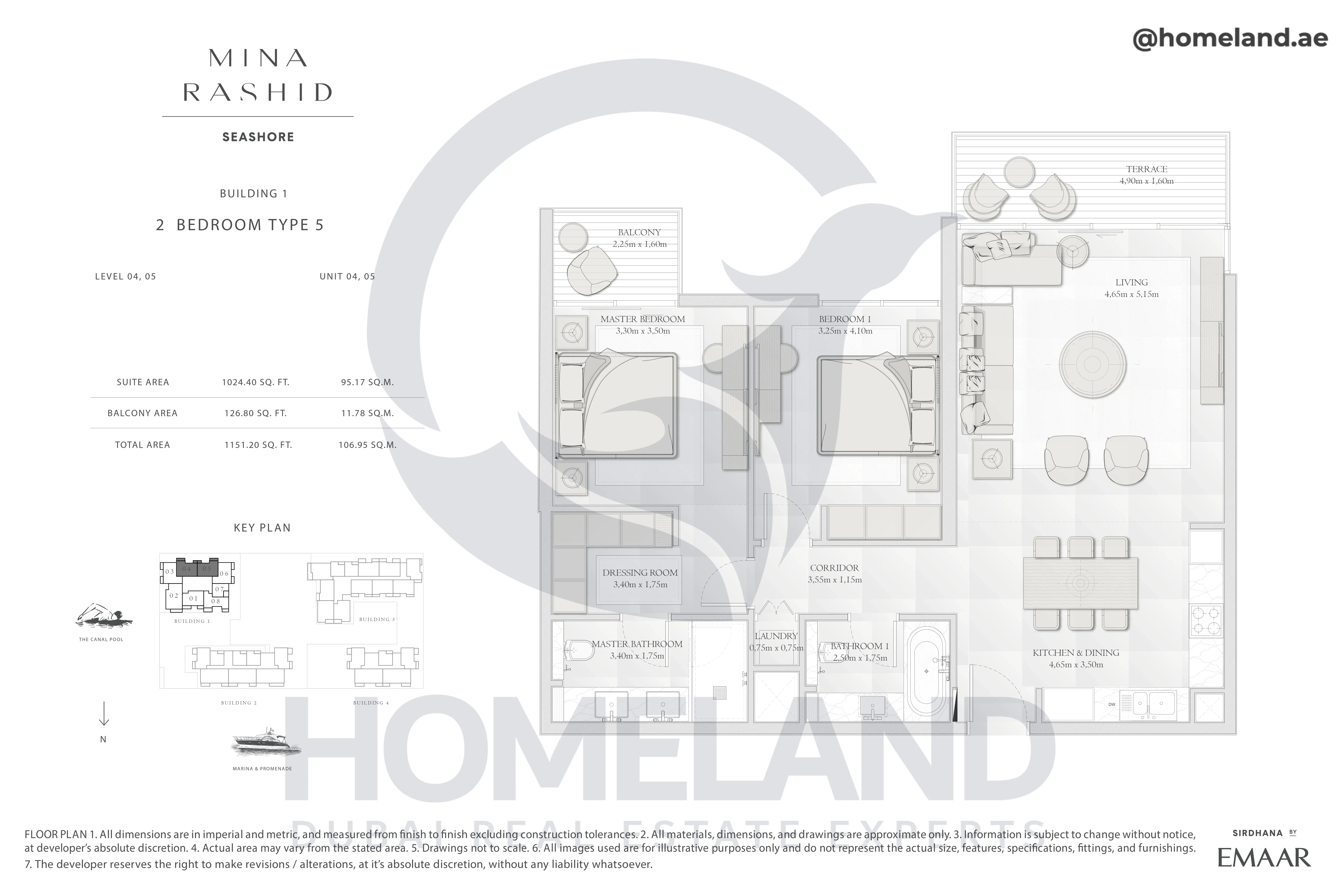 Seashore, Building 1, 2BR, Type 5, Level 04-05, Unit 04-05, 1151.20 SQFT