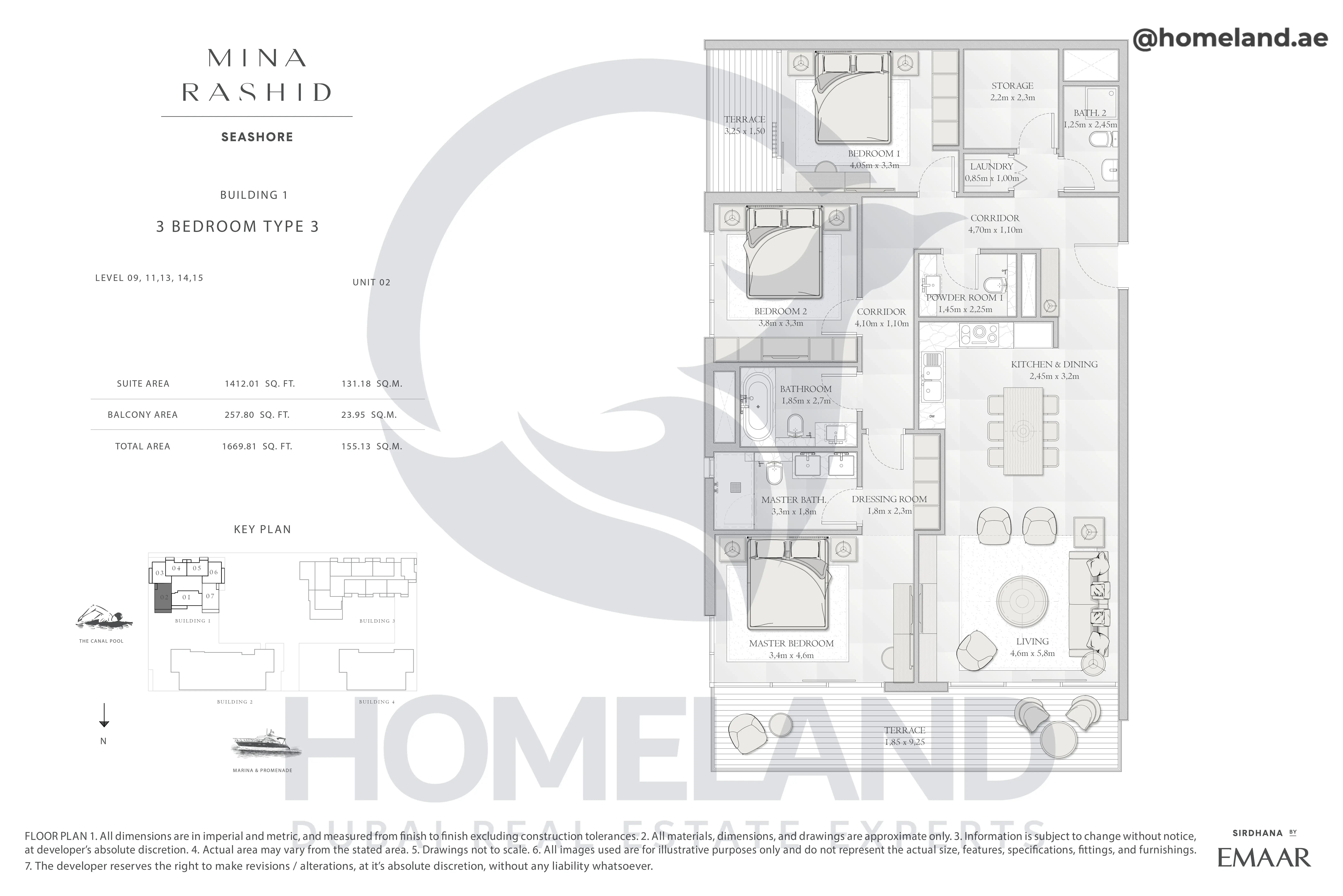 Seashore, Building 1, 3BR, Type 3, Level 09-11-13-14-15, Unit 02, 1669.81 SQFT