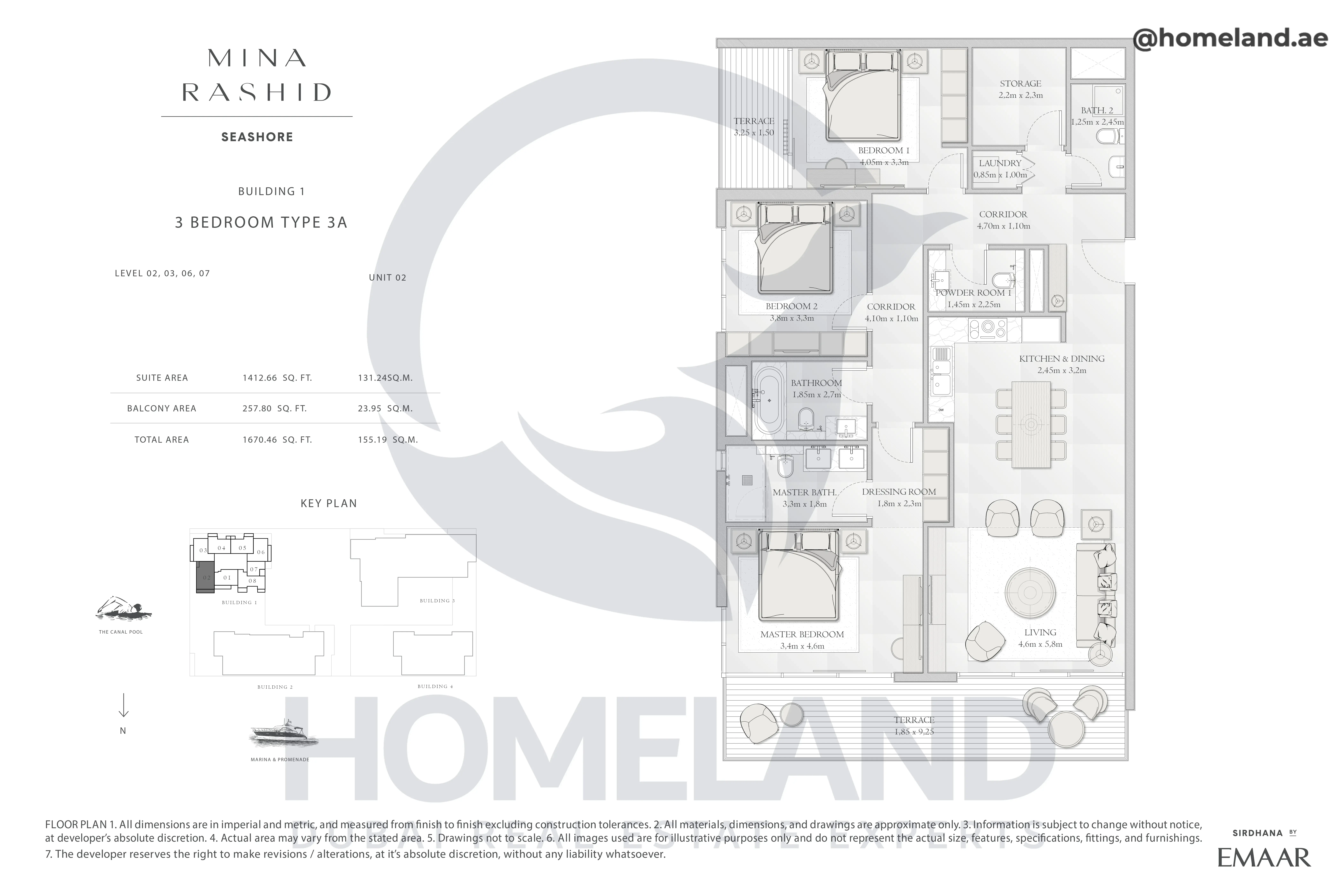 Seashore, Building 1, 3BR, Type 3A, Level 02-03-06-07, Unit 02, 1670.46 SQFT