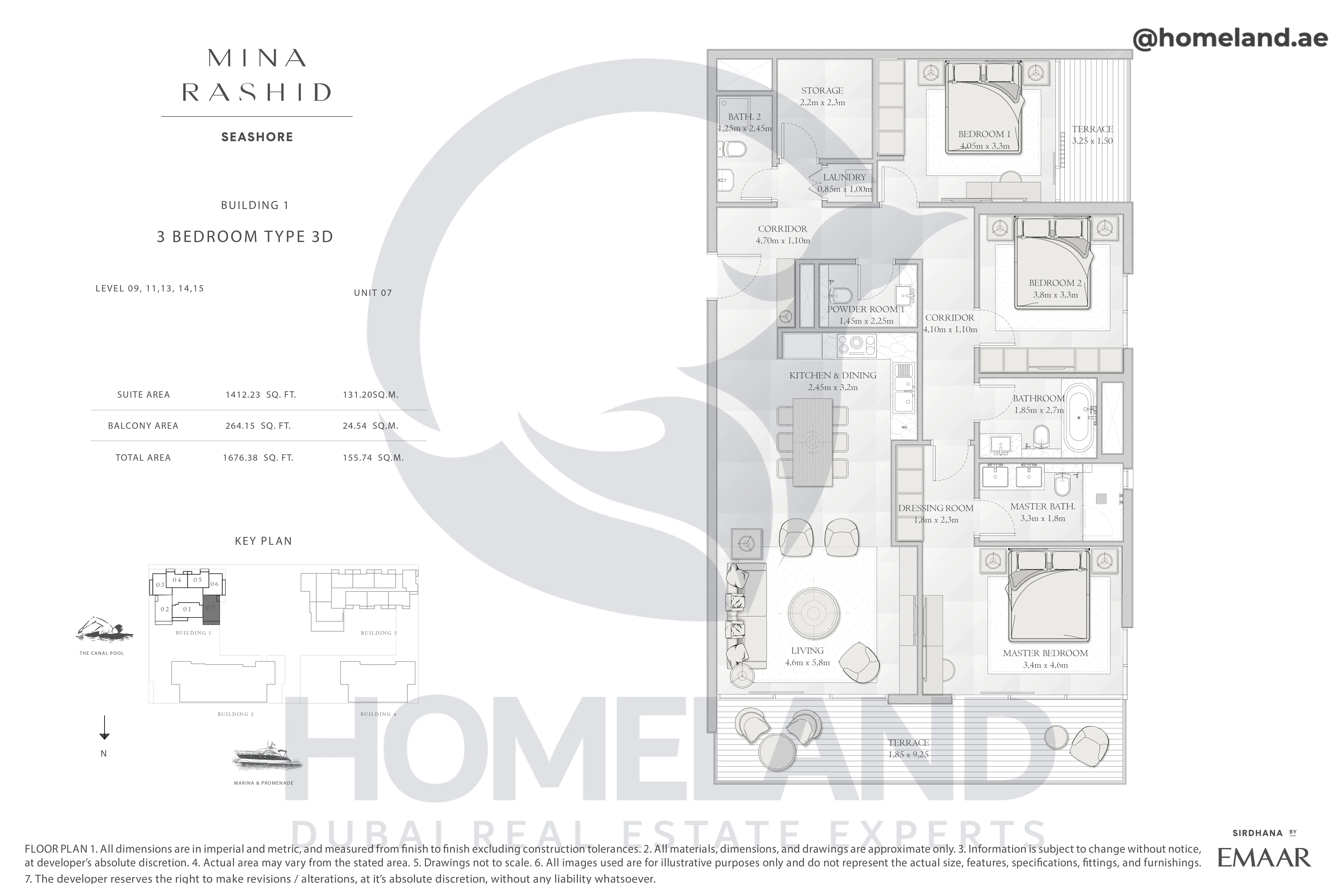 Seashore, Building 1, 3BR, Type 3D, Level 09-11-13-14-15, Unit 07, 1676.38 SQFT