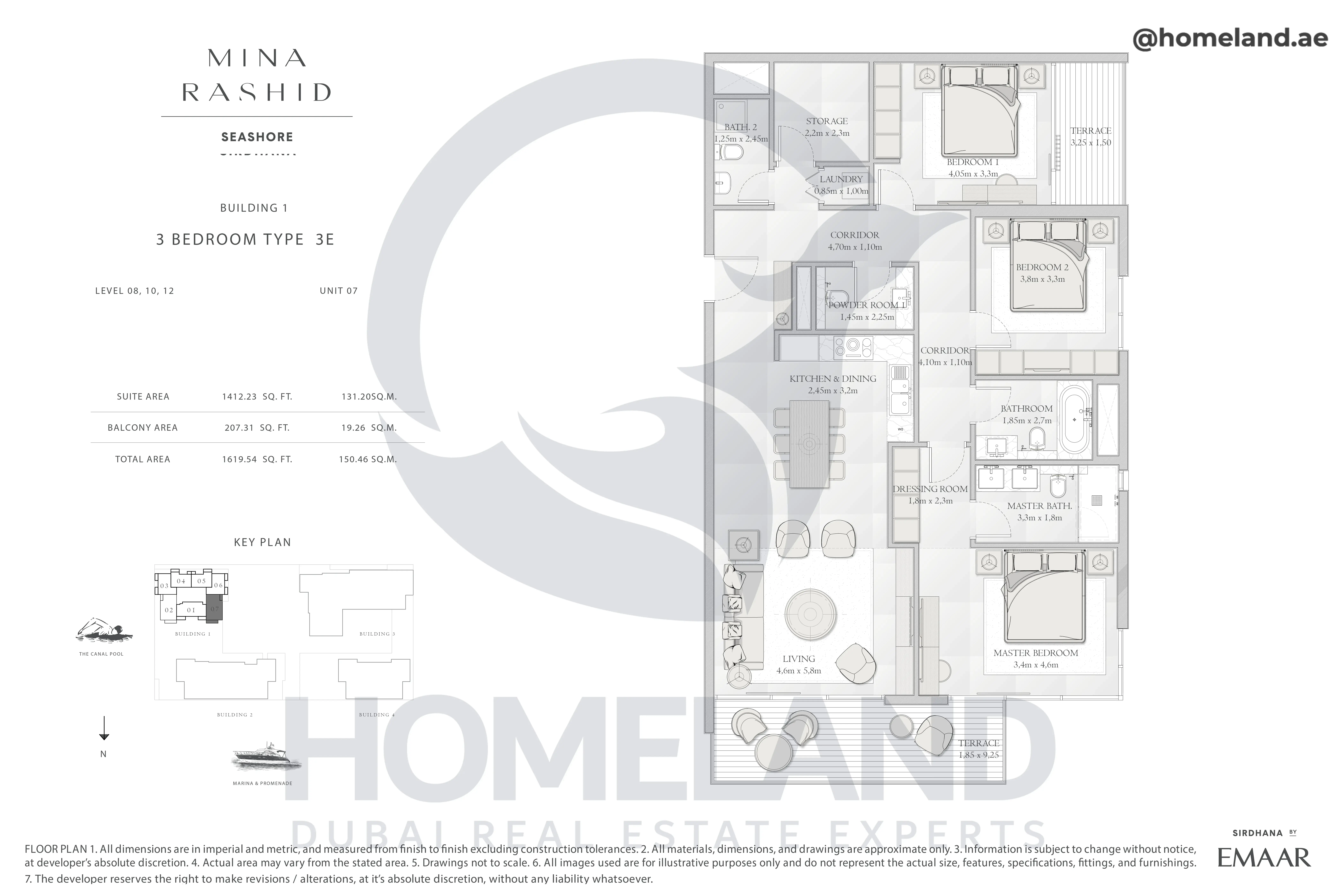 Seashore, Building 1, 3BR, Type 3E, Level 08-10-12, Unit 07, 1619.54 SQFT