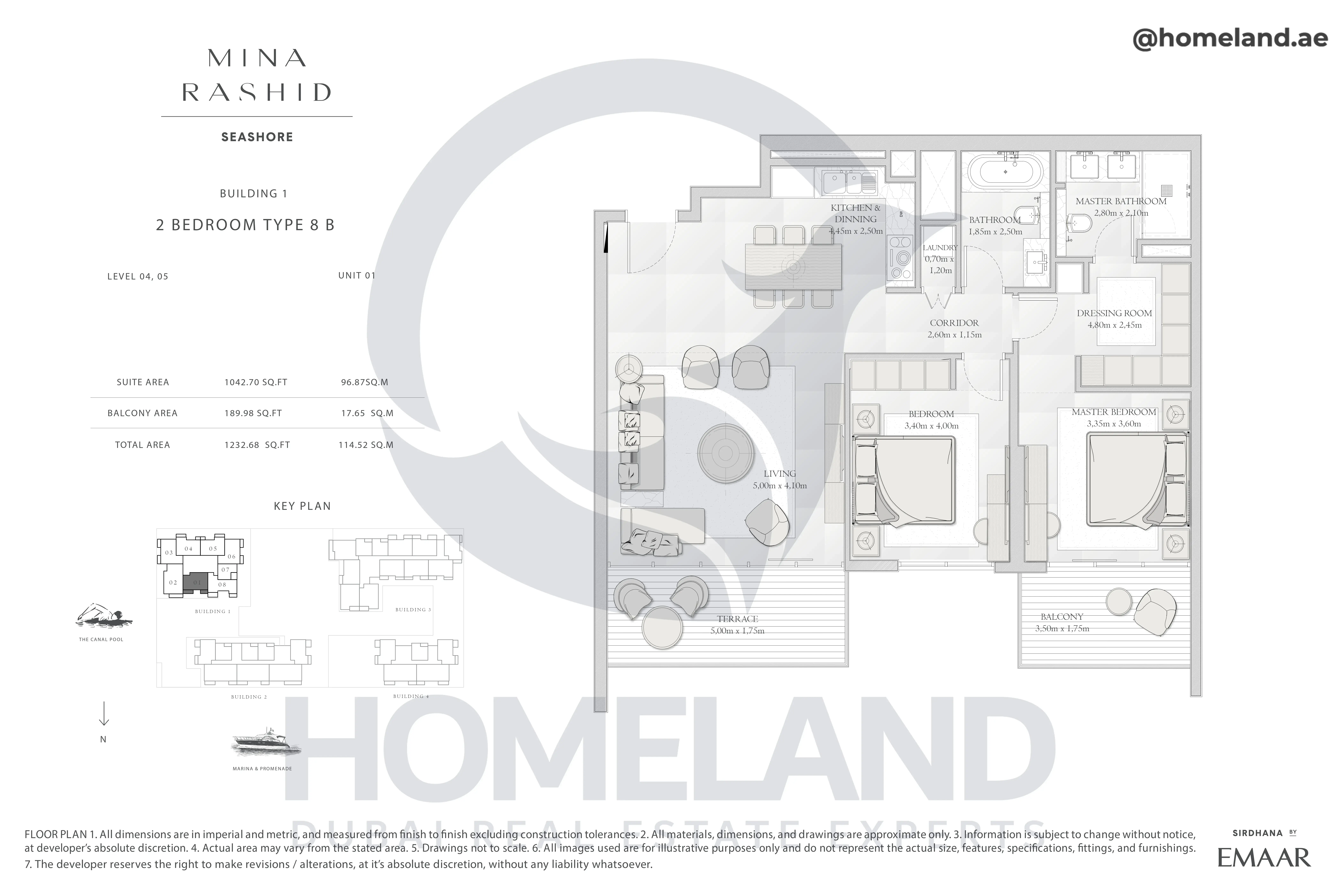 Seashore, Building 1, 2BR, Type 8 B, Level 04-05, Unit 01, 1232.68 SQFT