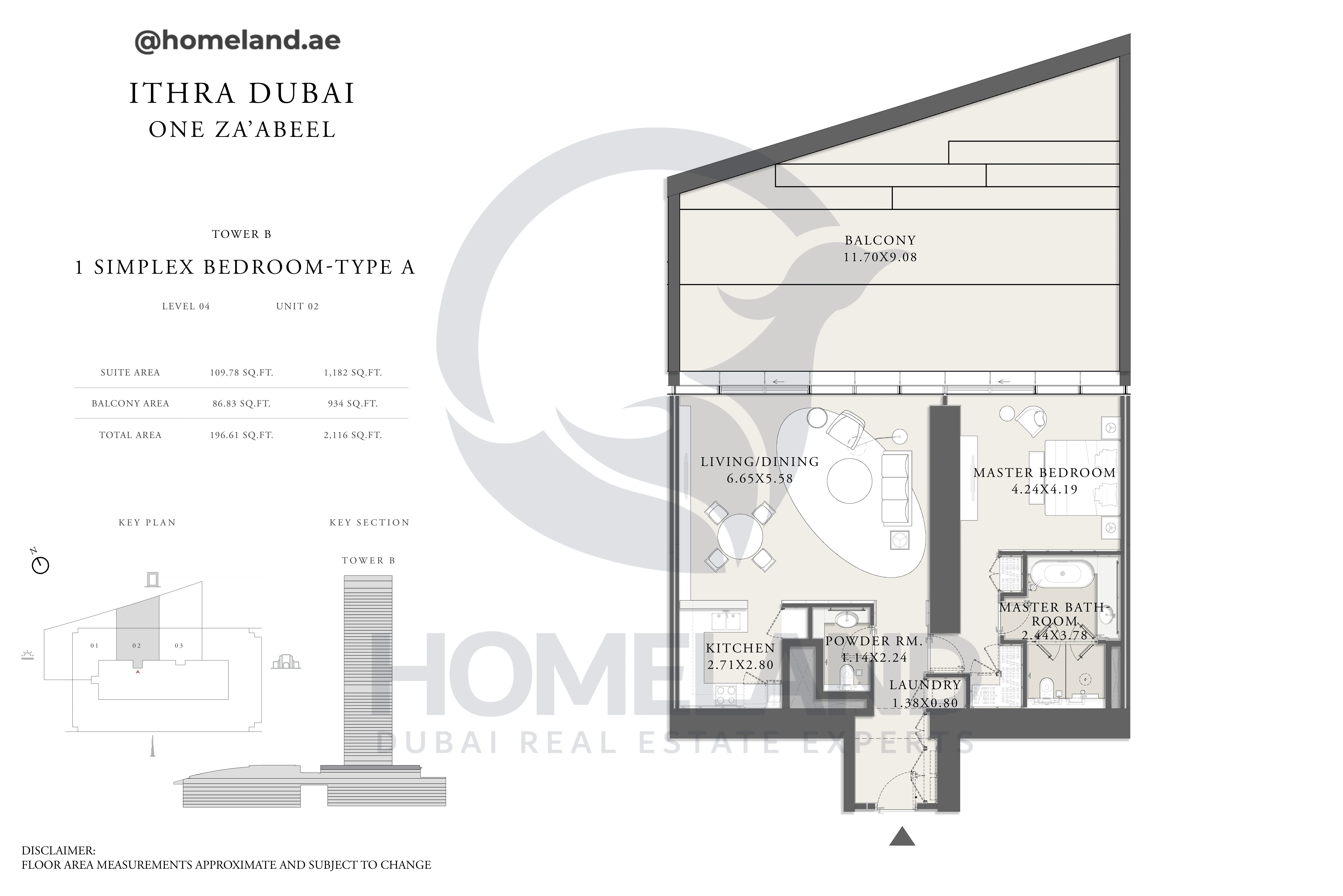 One Za'abeel, Tower B, Simplex 1BR, Type A, Level 04, Unit 02, 2116 SQFT