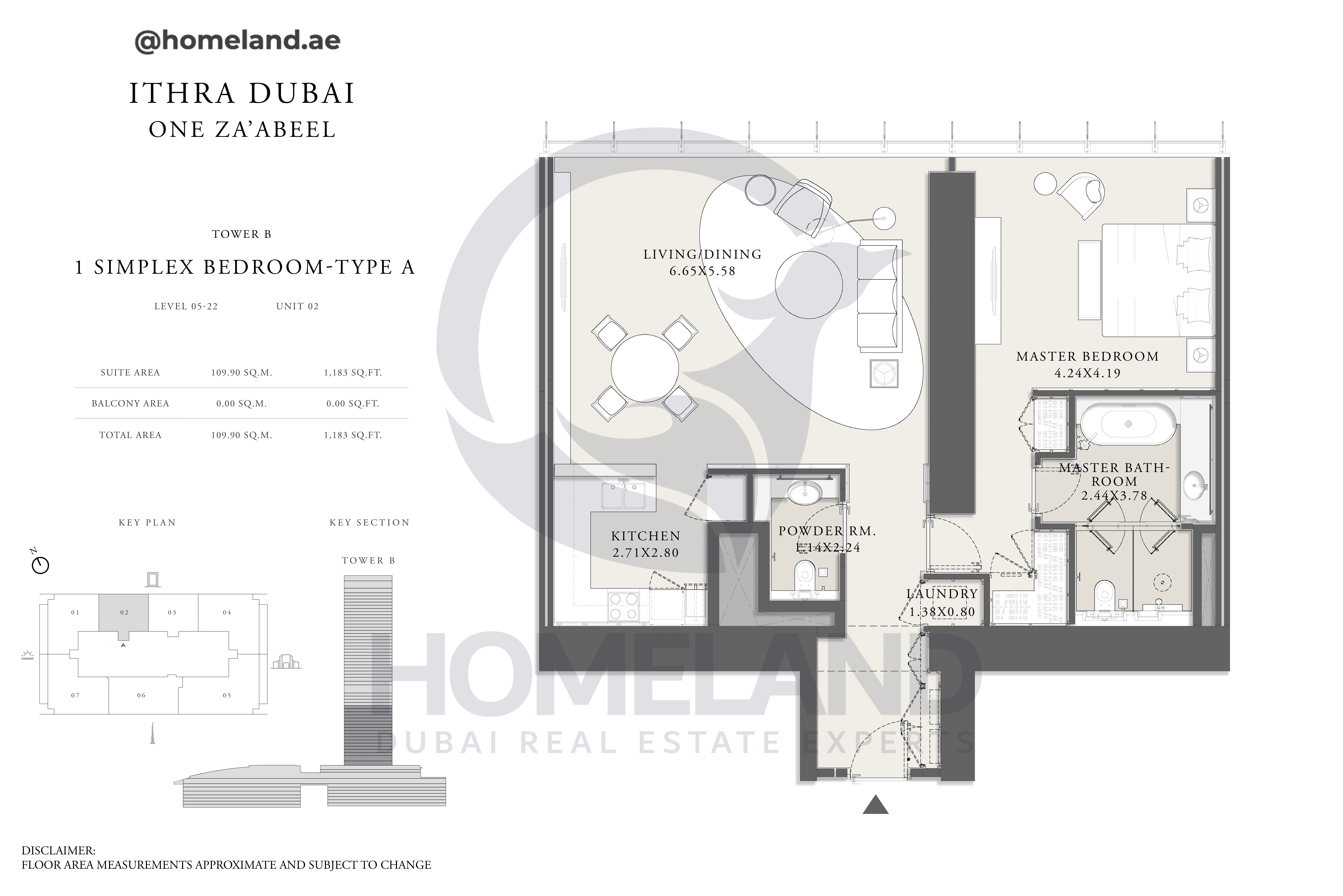 One Za'abeel, Tower B, Simplex 1BR, Type A, Level 05 to 22, Unit 02, 1183 SQFT