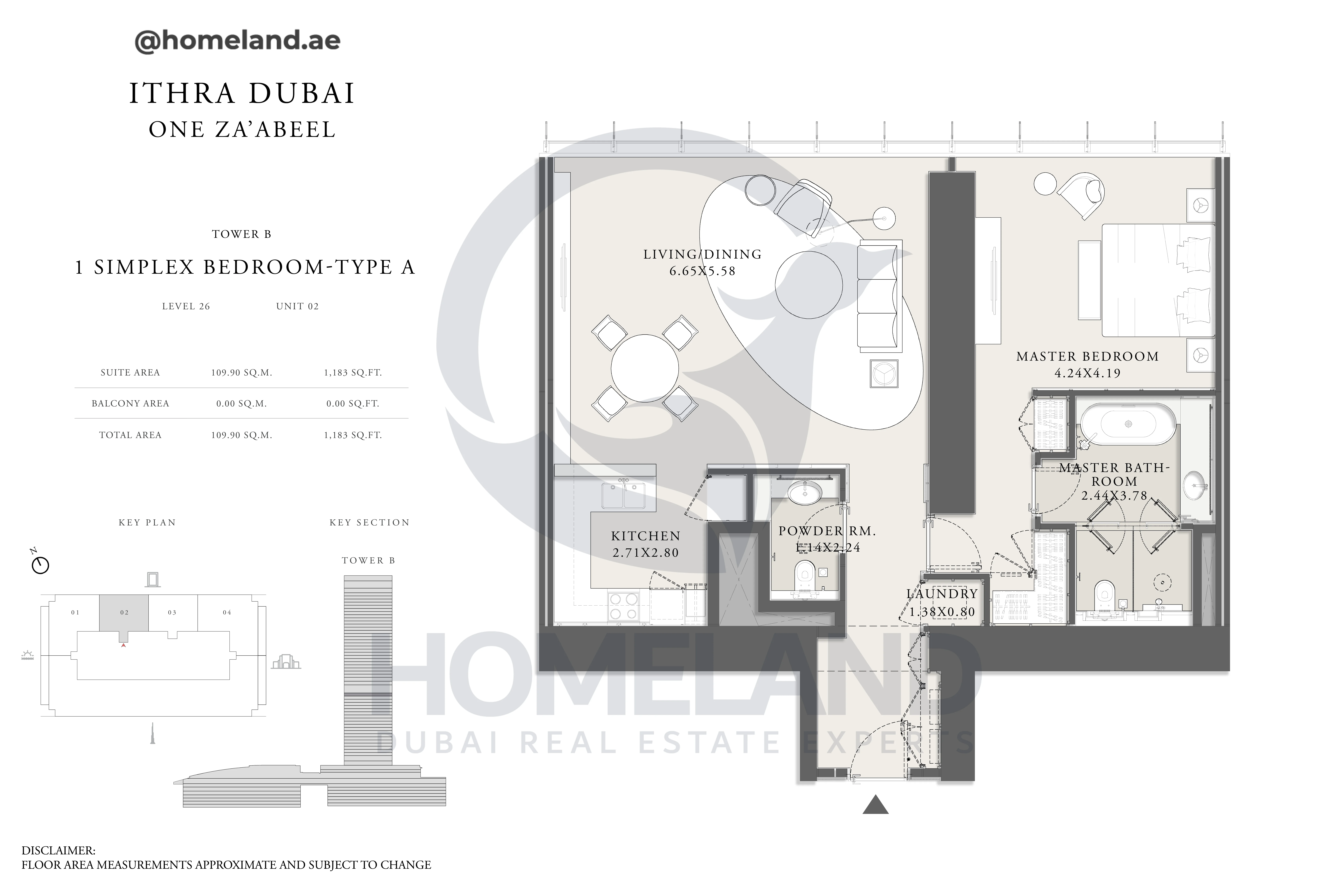One Za'abeel, Tower B, Simplex 1BR, Type A, Level 26, Unit 02, 1183 SQFT