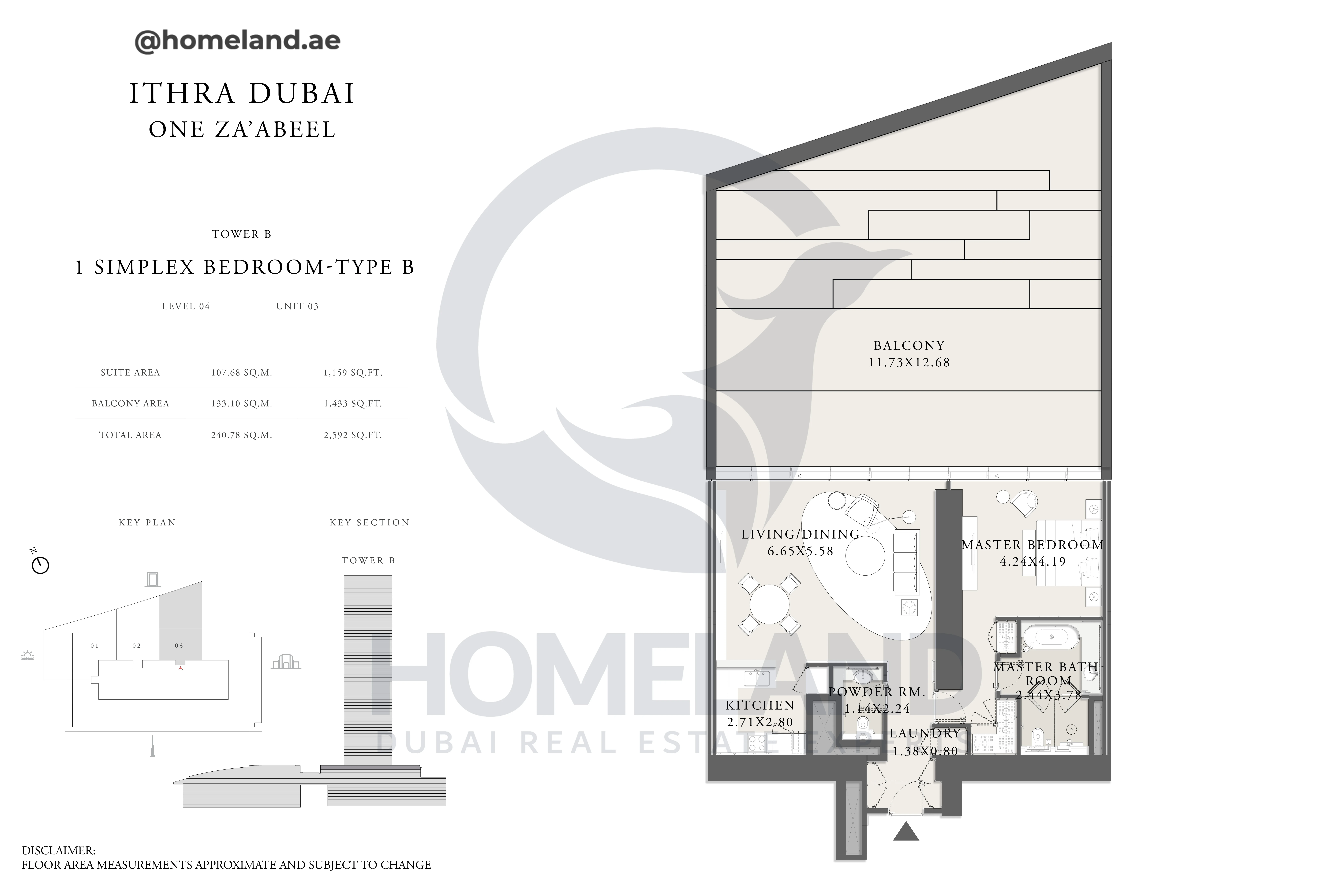 One Za'abeel, Tower B, Simplex 1BR, Type B, Level 04, Unit 03, 2592 SQFT
