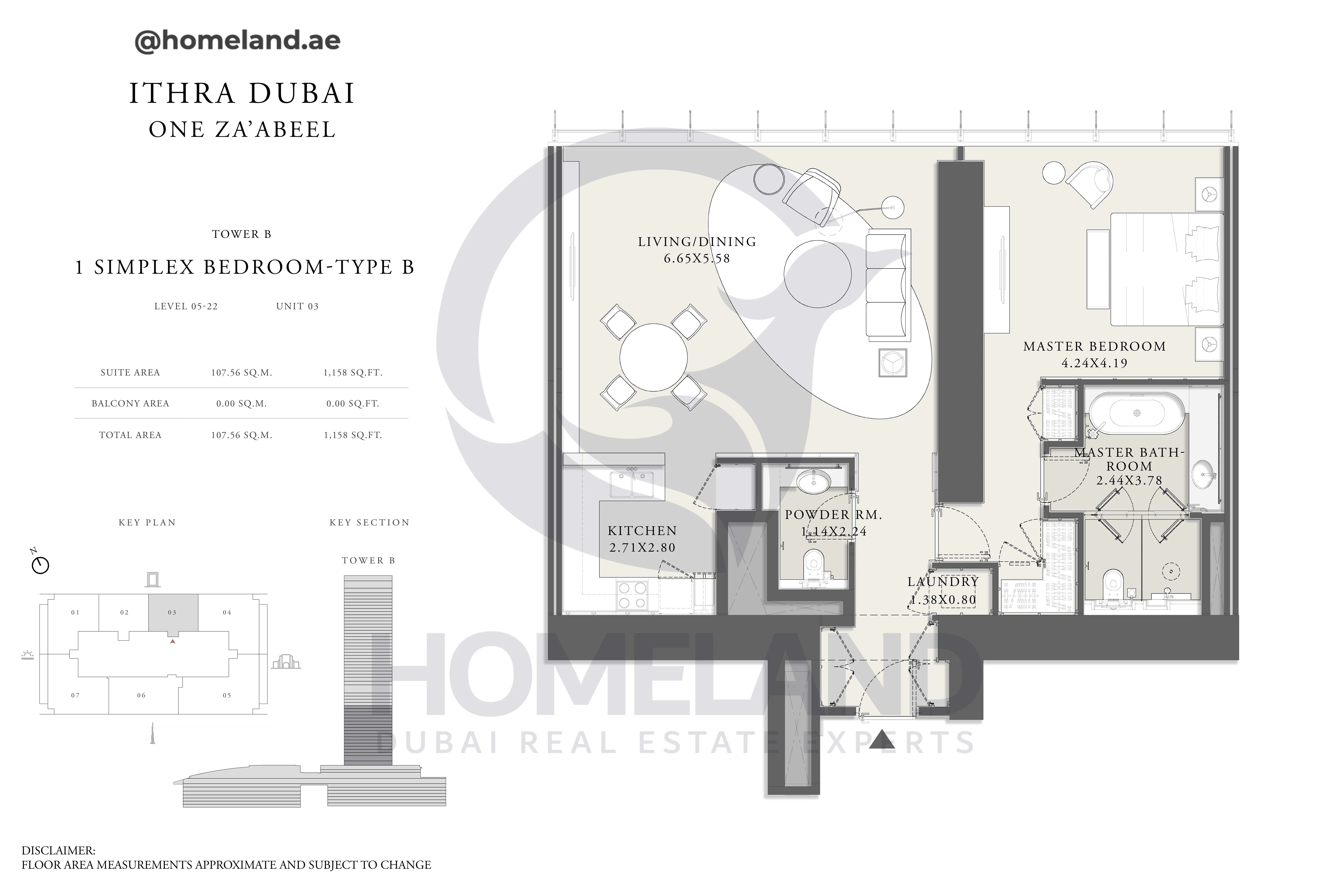 One Za'abeel, Tower B, Simplex 1BR, Type B, Level 05 to 22, Unit 03, 1158 SQFT